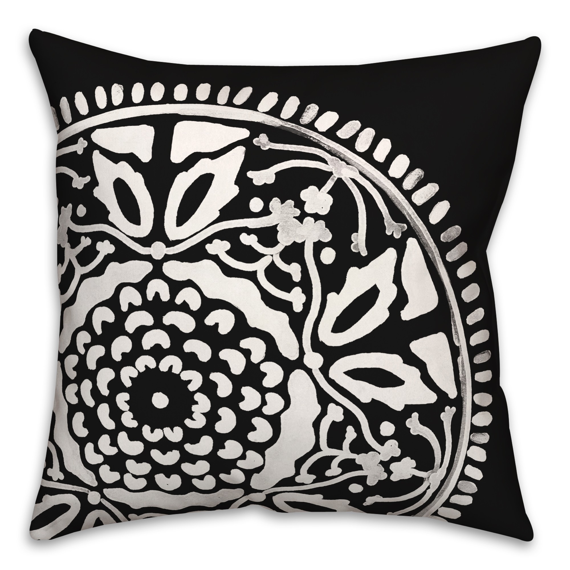 Large White on Black Watercolor Medallion 20x20 Indoor / Outdoor Pillow