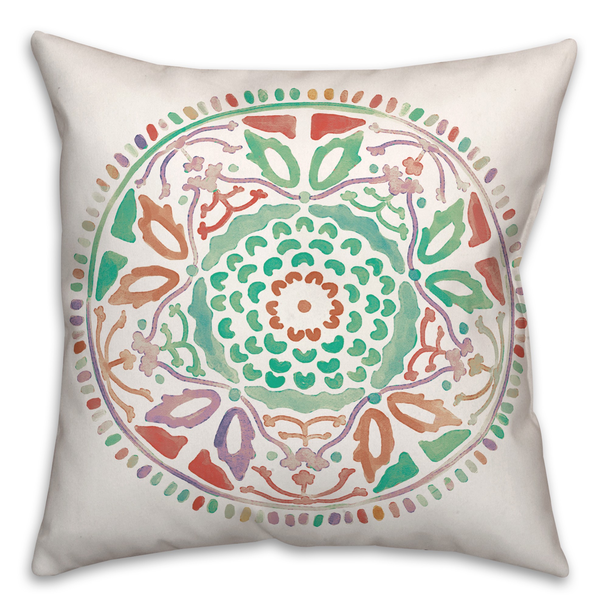 Orange and Green Watercolor Medallion 20x20 Indoor / Outdoor Pillow