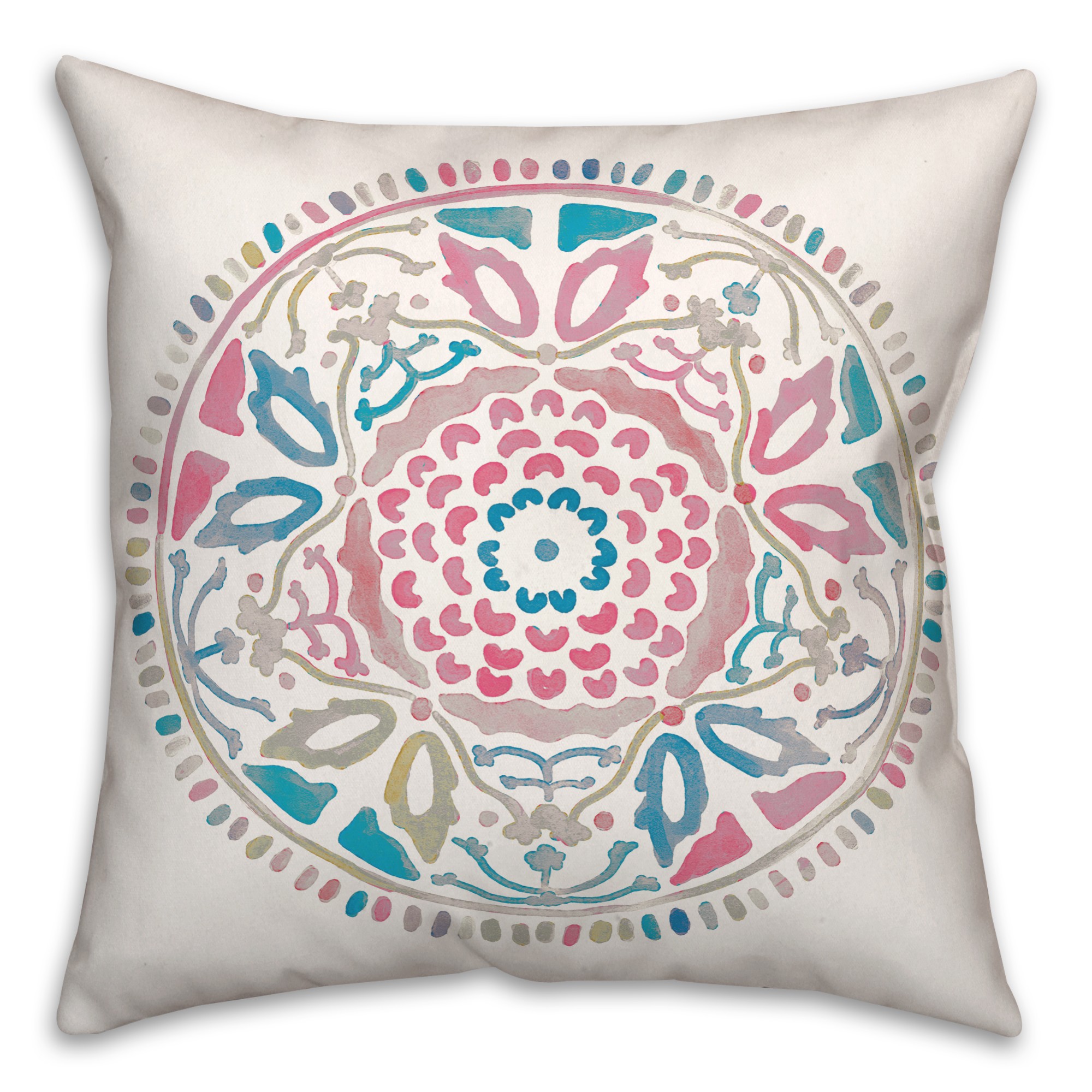 Pink and Blue Watercolor Medallion 20x20 Indoor / Outdoor Pillow