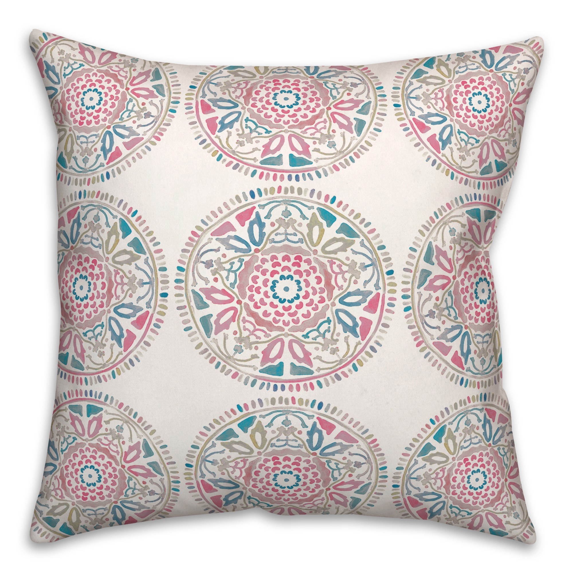 Small Pink and Blue Pattern Medallions 20x20 Indoor / Outdoor Pillow