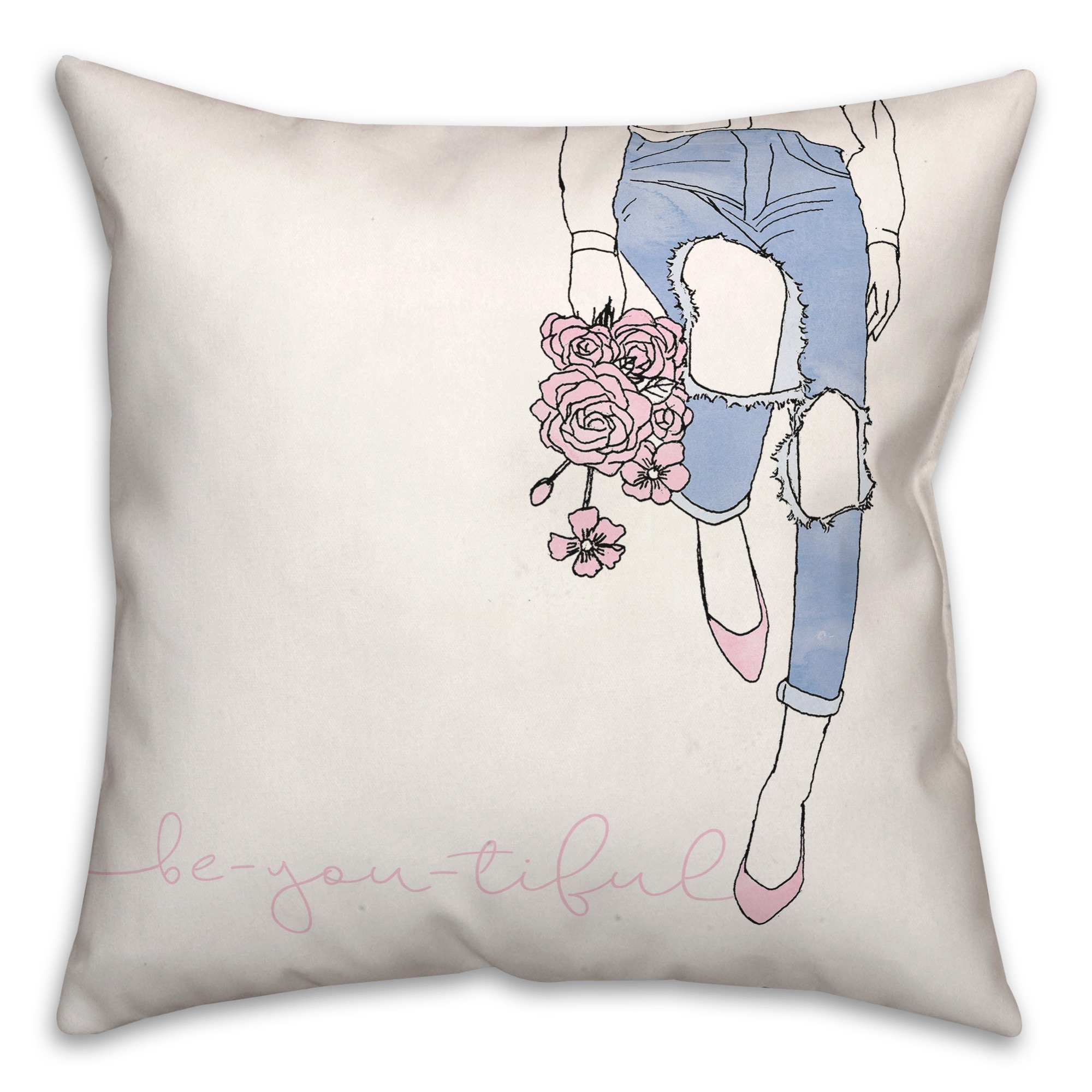 Be You Tiful Girl and Flowers 18x18 Spun Poly Pillow