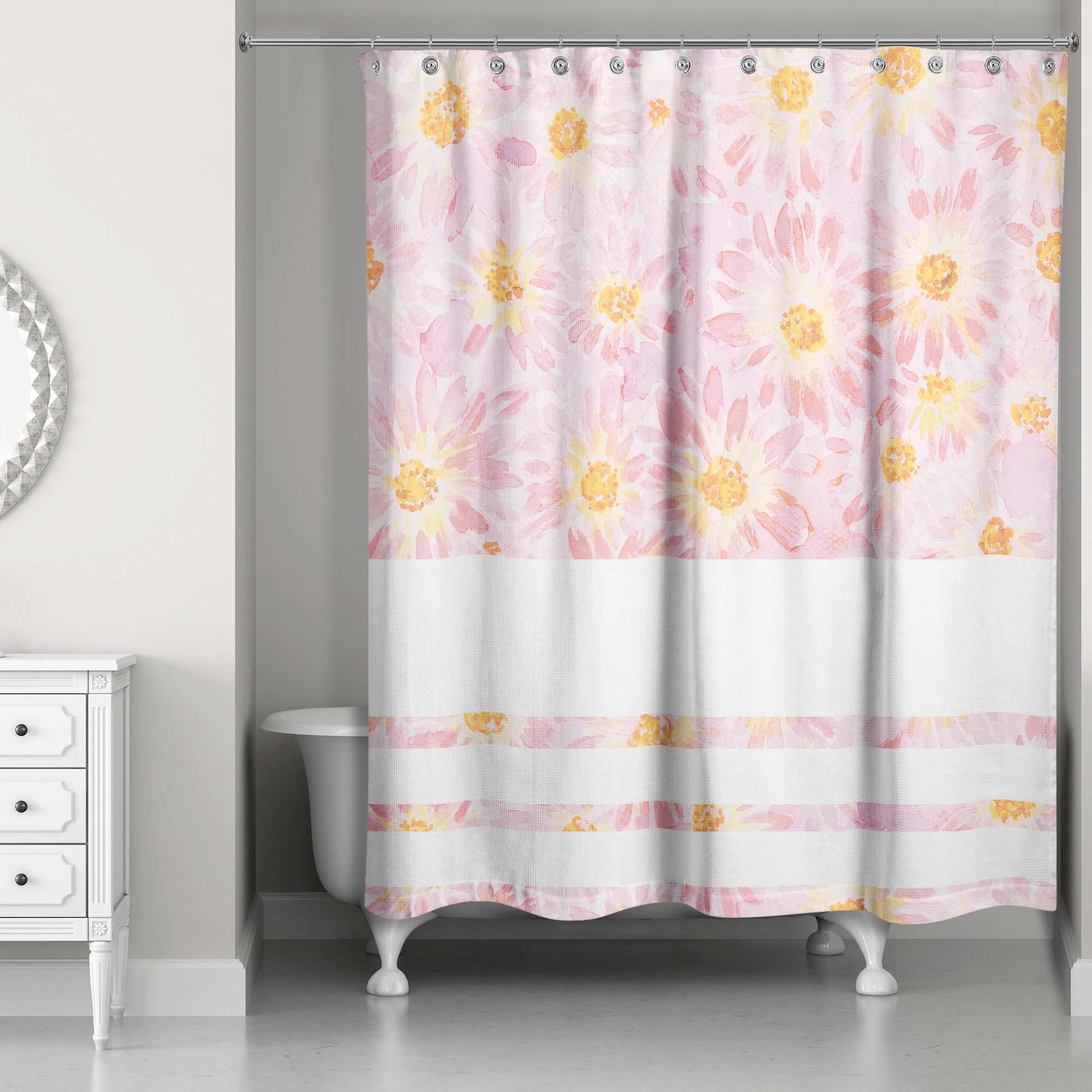 Watercolor Blush Daisies with Stripes 71x74 Shower Curtain
