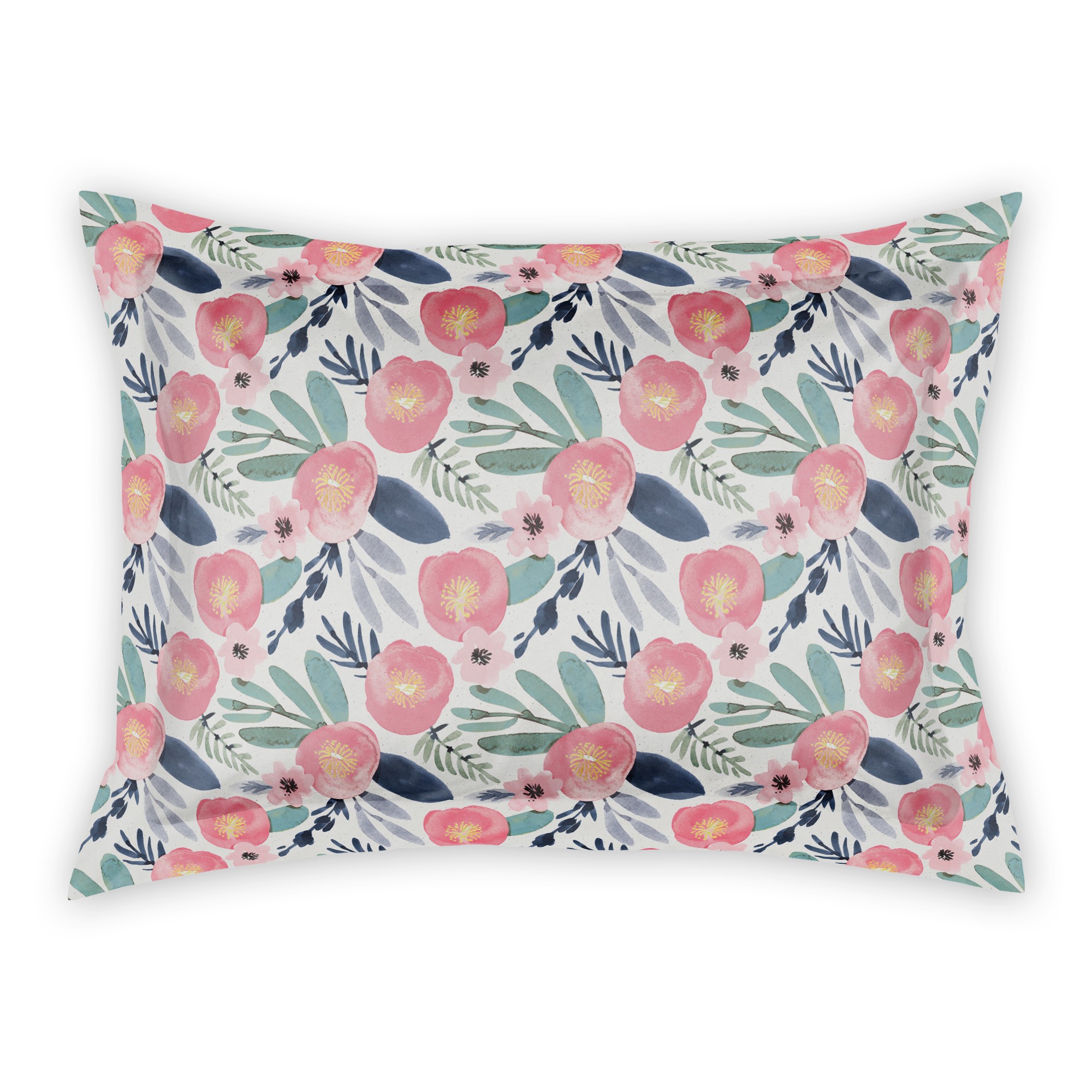 Watercolor Pink and Blue Flowers Standard Brushed Poly Sham