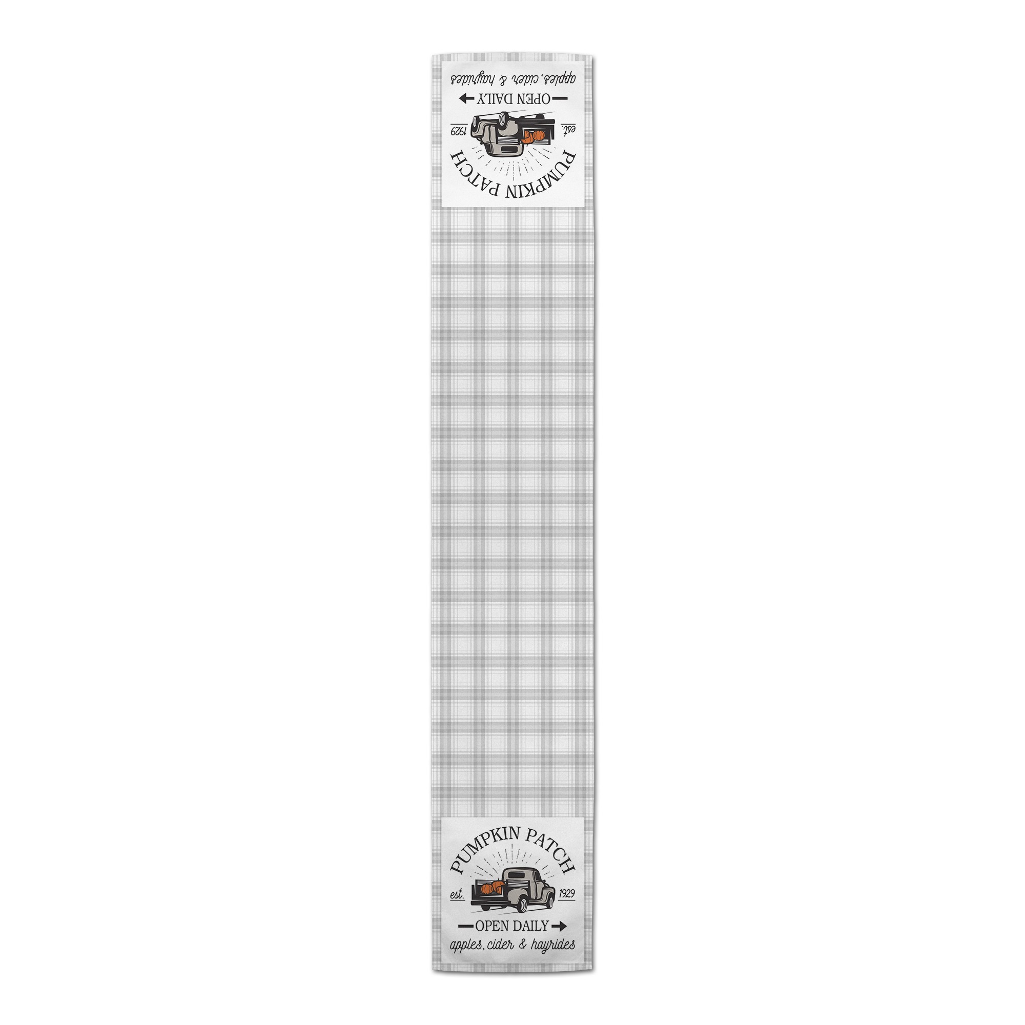 Pumpkin Patch Truck on Plaid Gray 16x90 Poly Twill Table Runner