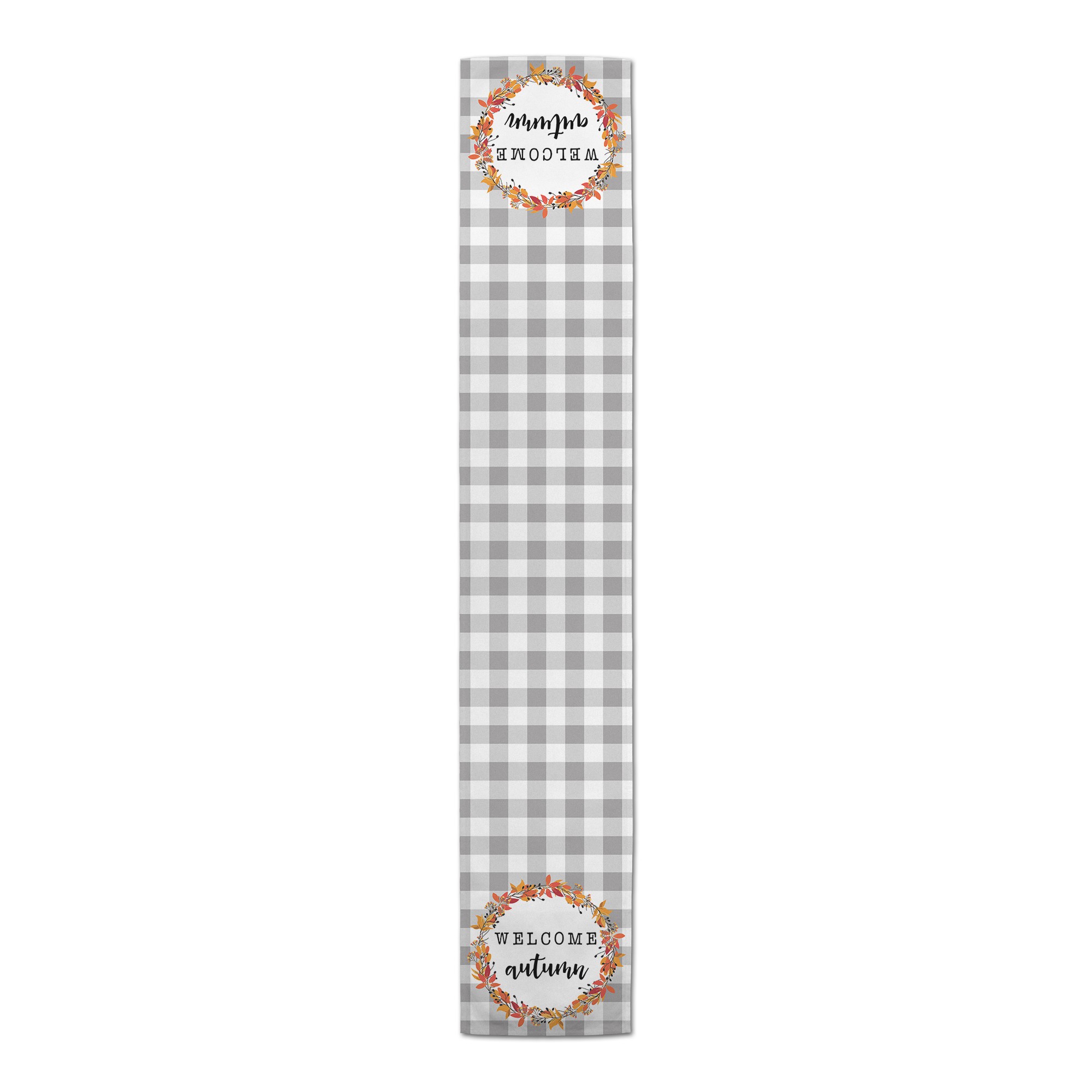 Autumn Leafy Wreath on Plaid 16x72 Poly Twill Table Runner