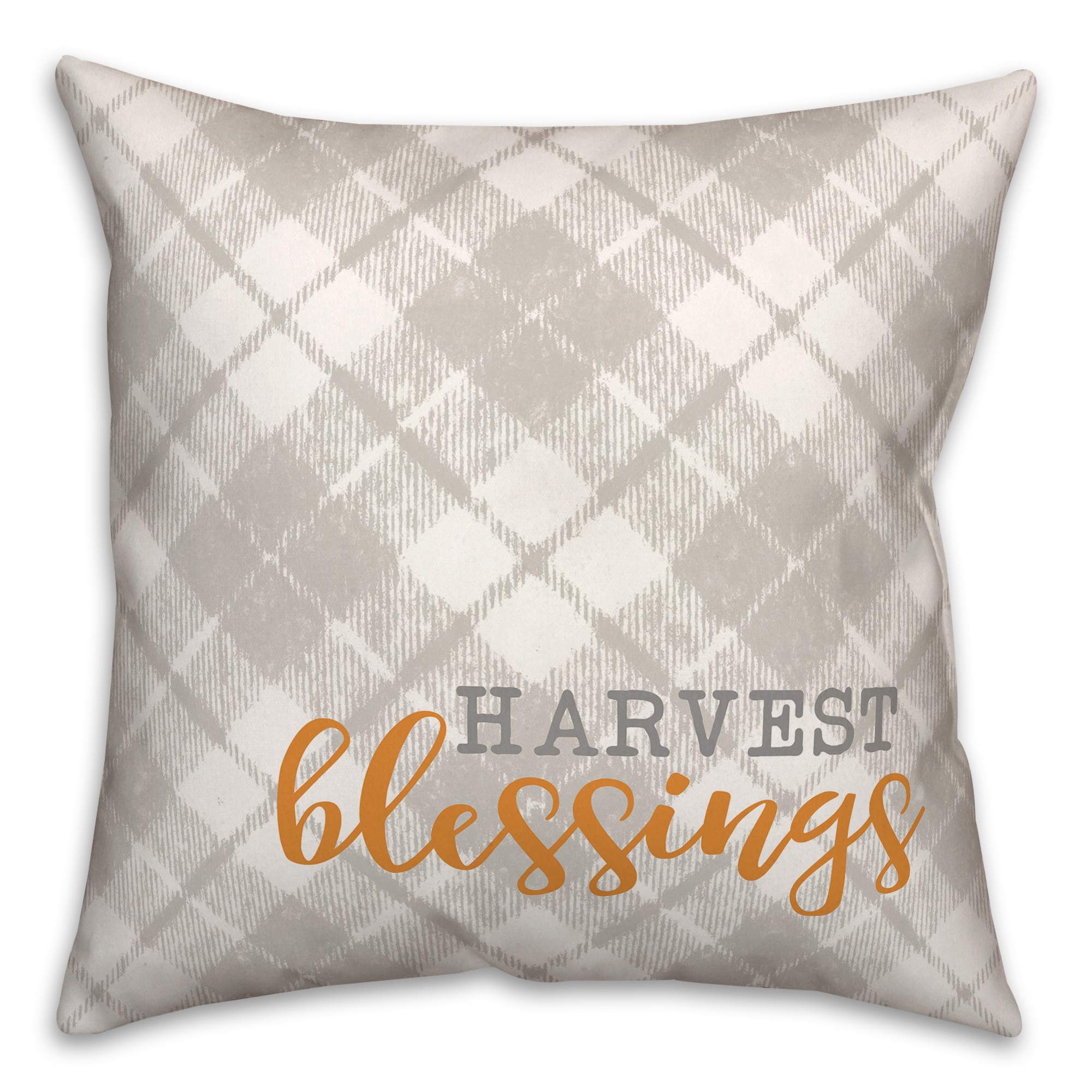 Harvest Blessings on Gray Plaid 18x18 Spun Poly Pillow