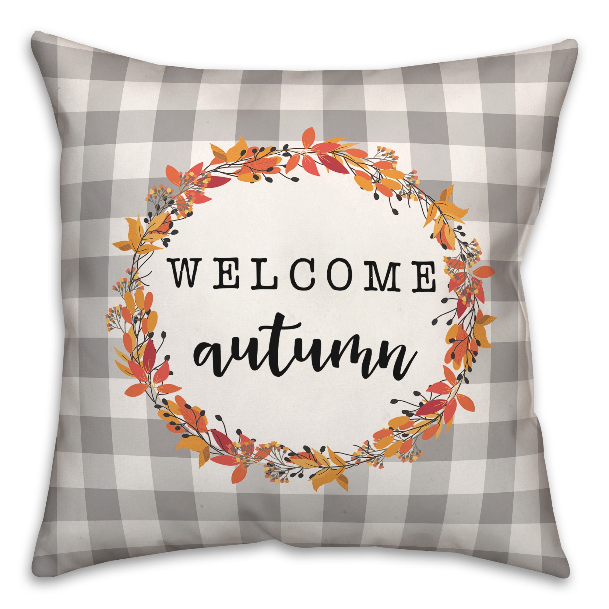 Autumn Leafy Wreath on Plaid 18x18 Spun Poly Pillow
