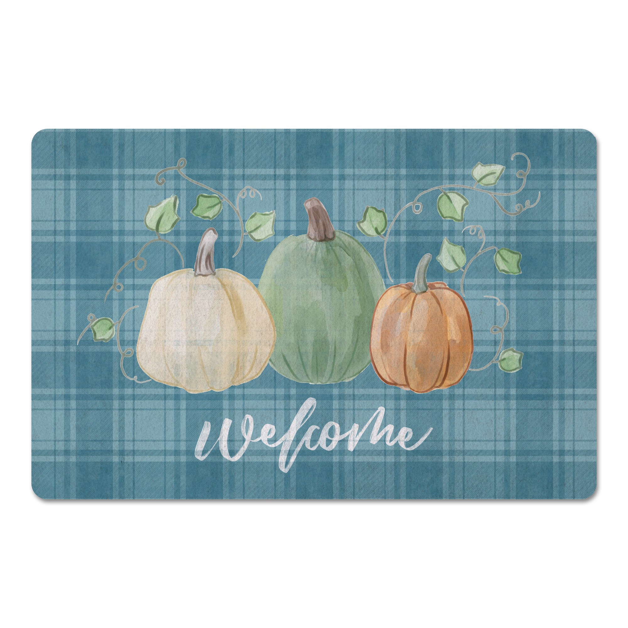 Blue Plaid Welcome Pumpkins 27x18 Floor Mat