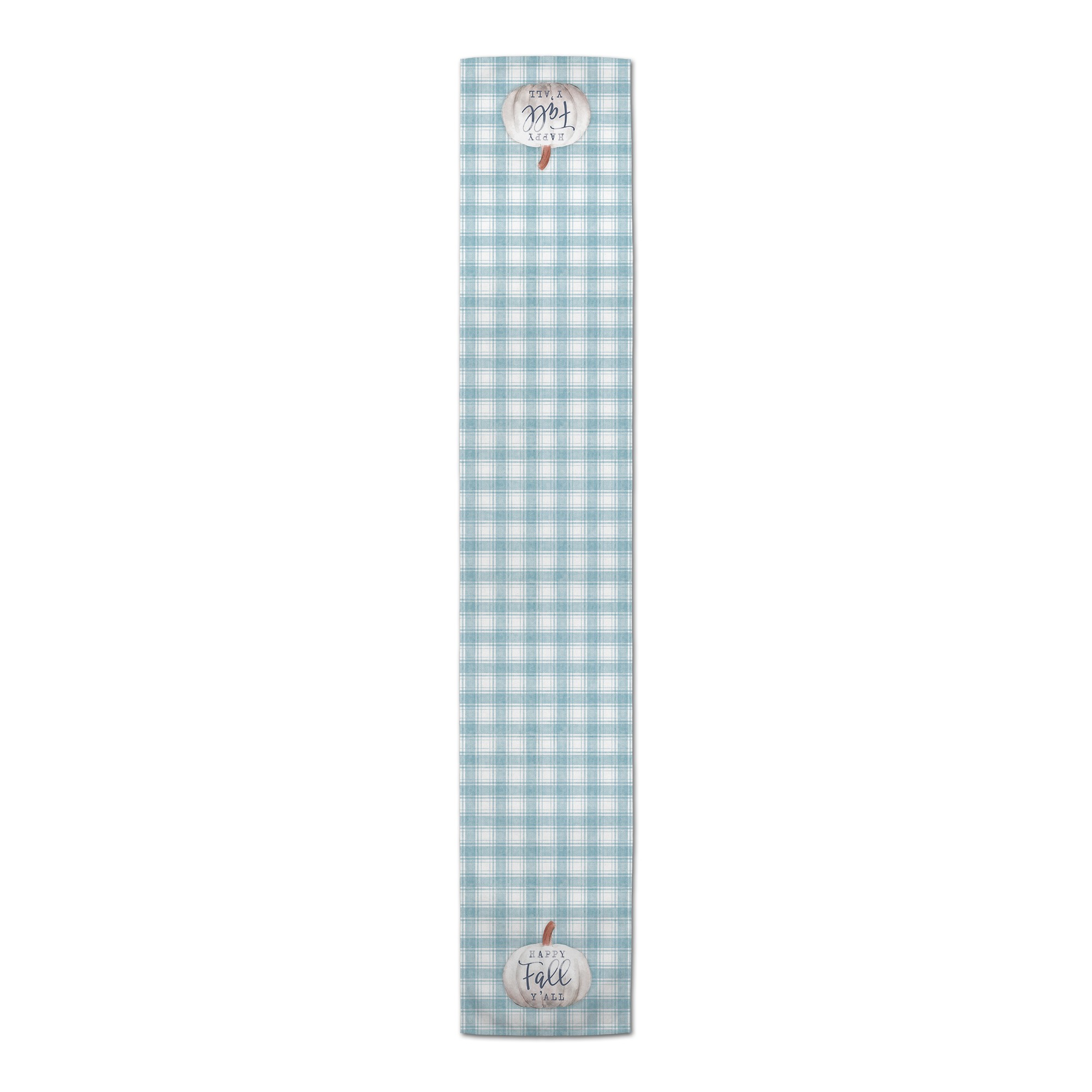 Happy Fall Pumpkin on Blue Plaid 16x90 Poly Twill Table Runner