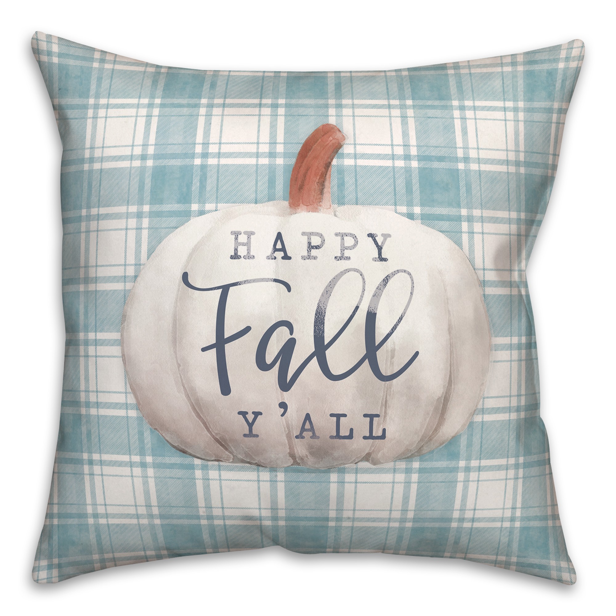 Happy Fall Pumpkin on Blue Plaid 18x18 Spun Poly Pillow