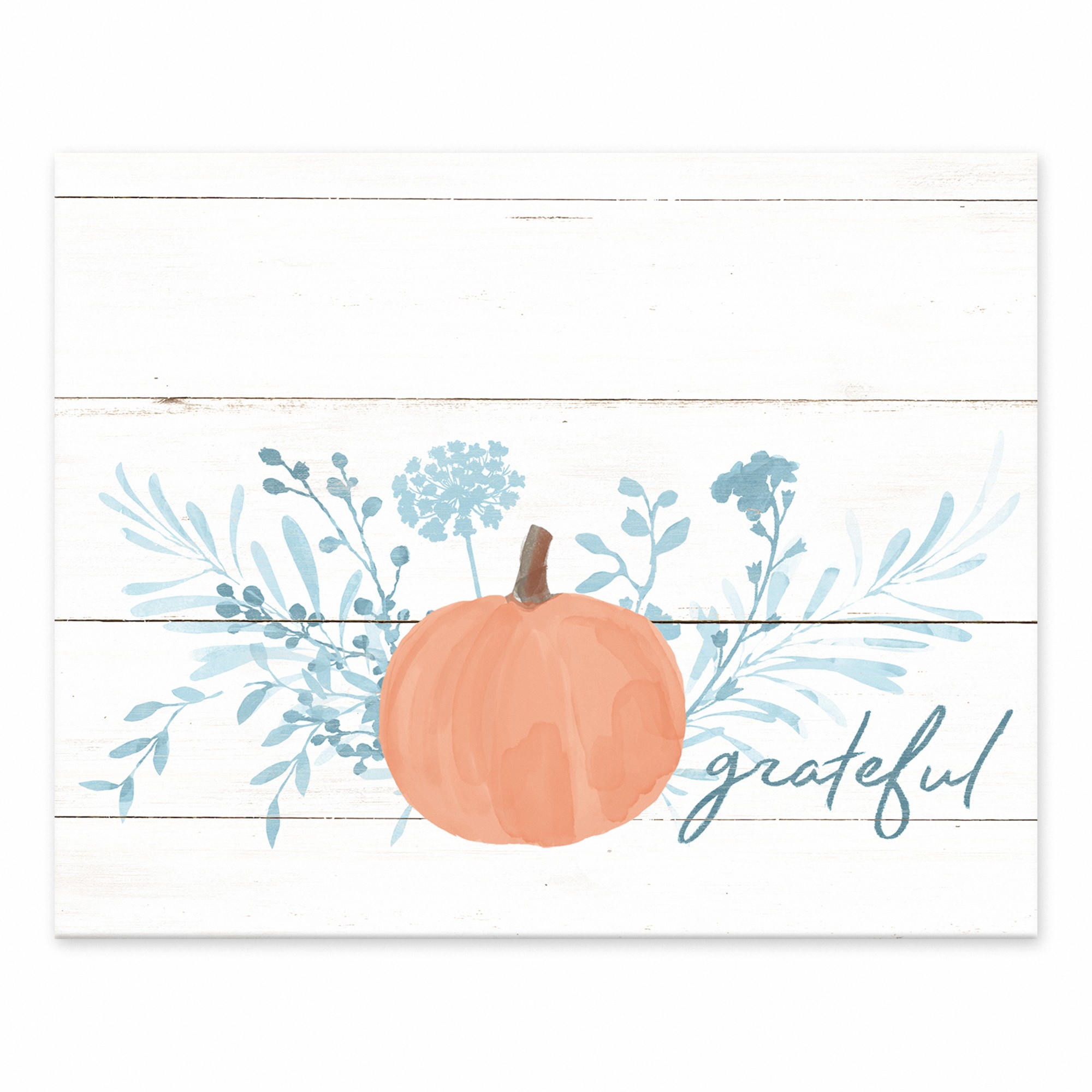 Blue Grateful Pumpkin Leaves on Wood 8x10 Tabletop Canvas