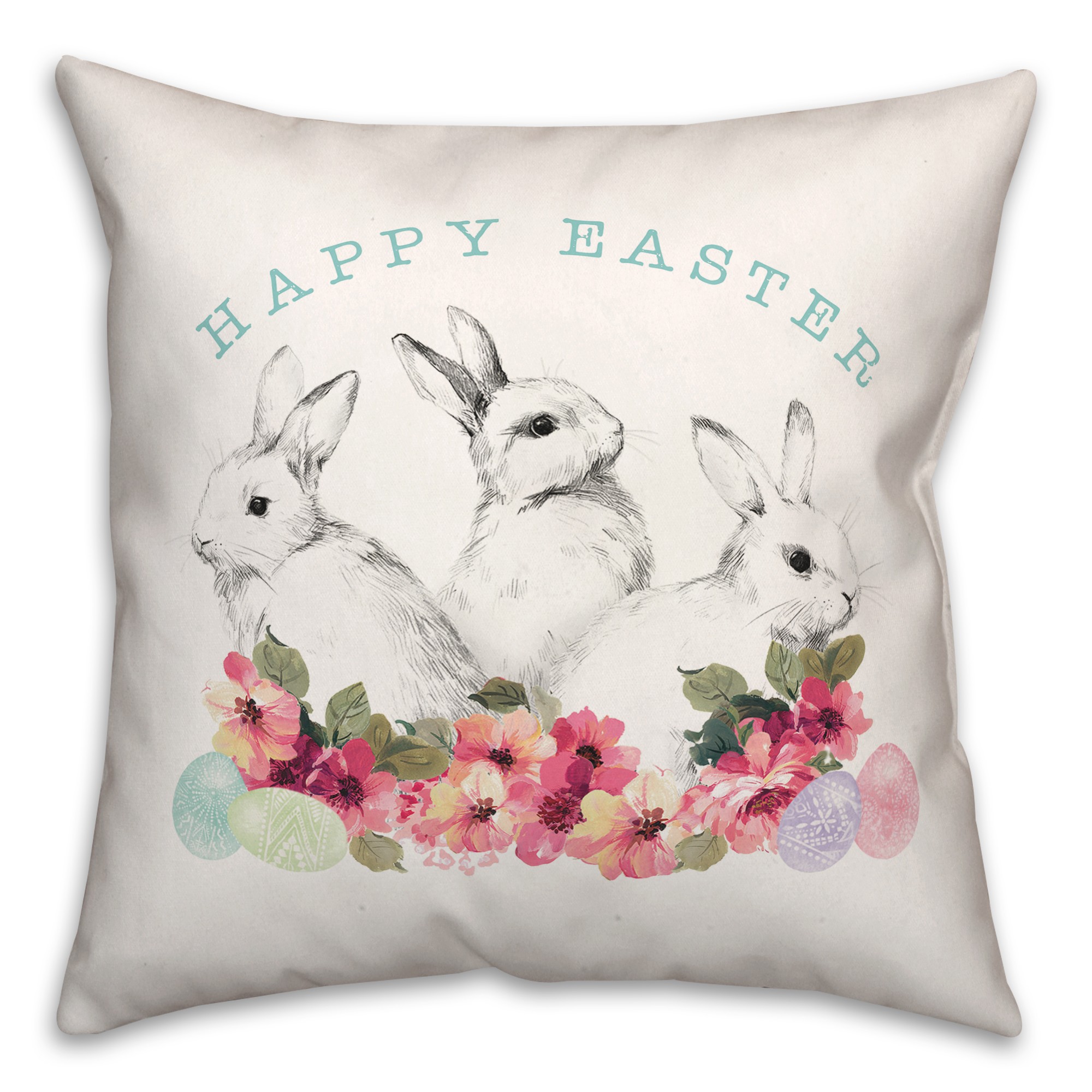 Sketched Easter Bunnies Flowers 18x18 Spun Poly Pillow