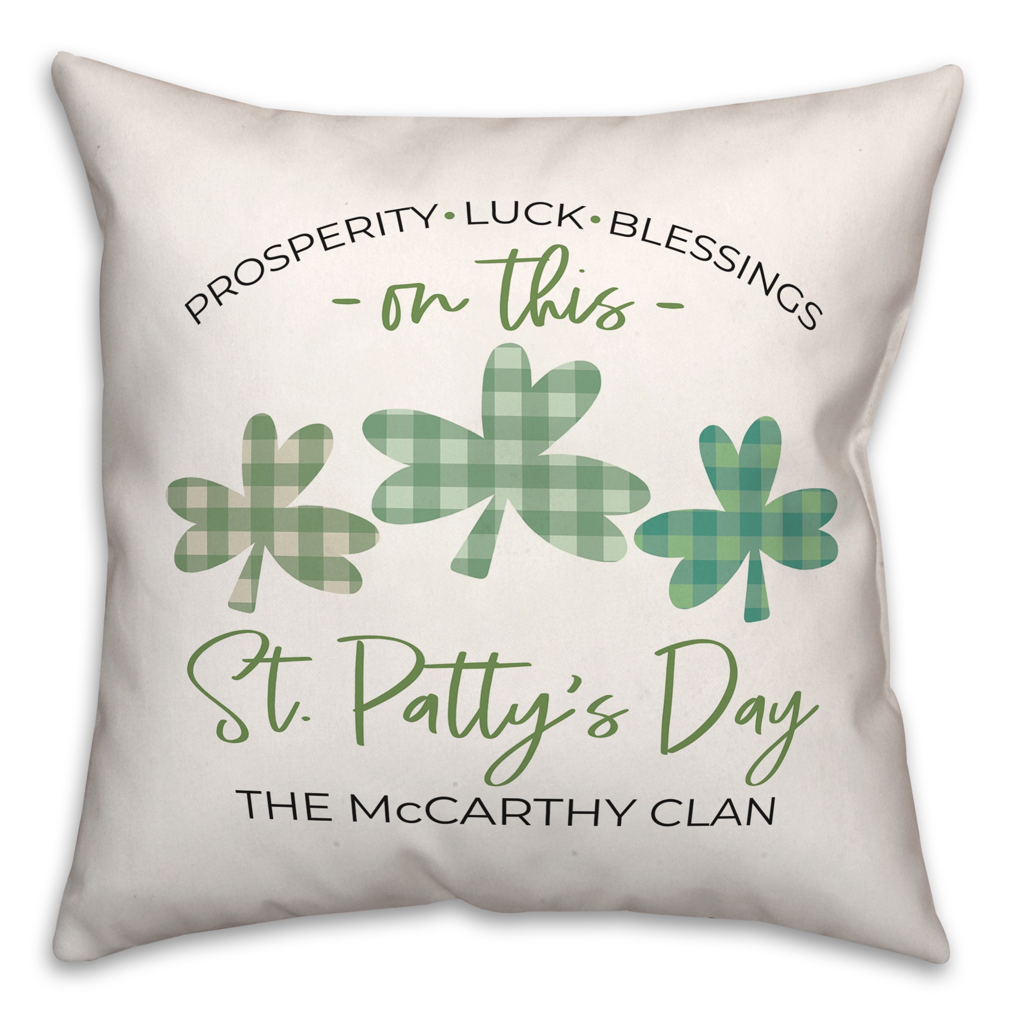St Pattys Day Buffalo Check Clovers 18x18 Spun Poly Pillow