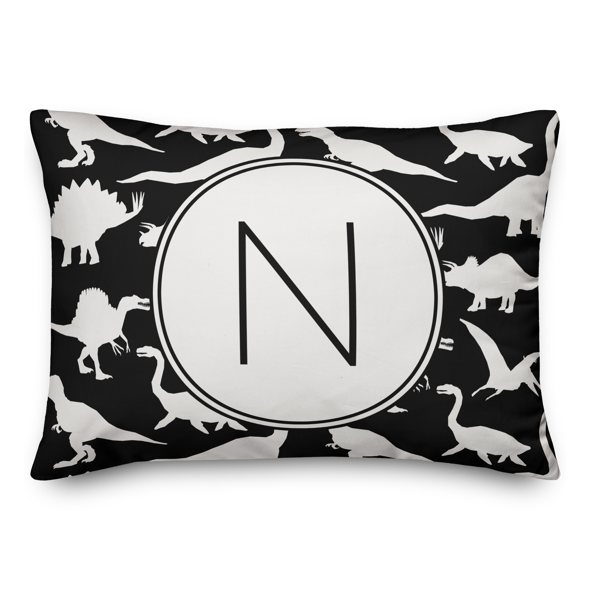 Dinosaur Pattern on Black and White Initial 14x20 Personalized Spun Poly Pillow