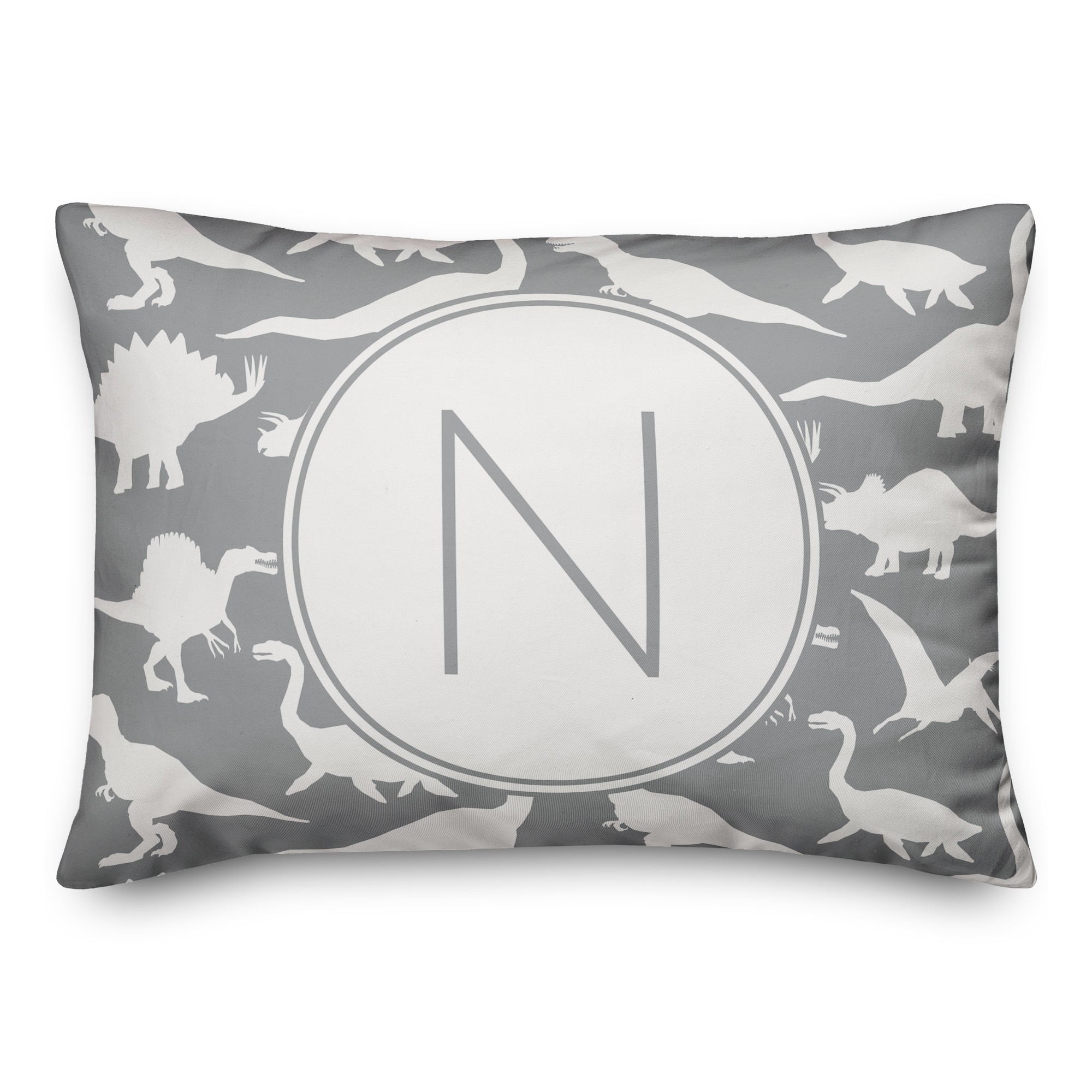 Dinosaur Pattern on Gray and White Initial 14x20 Personalized Spun Poly Pillow