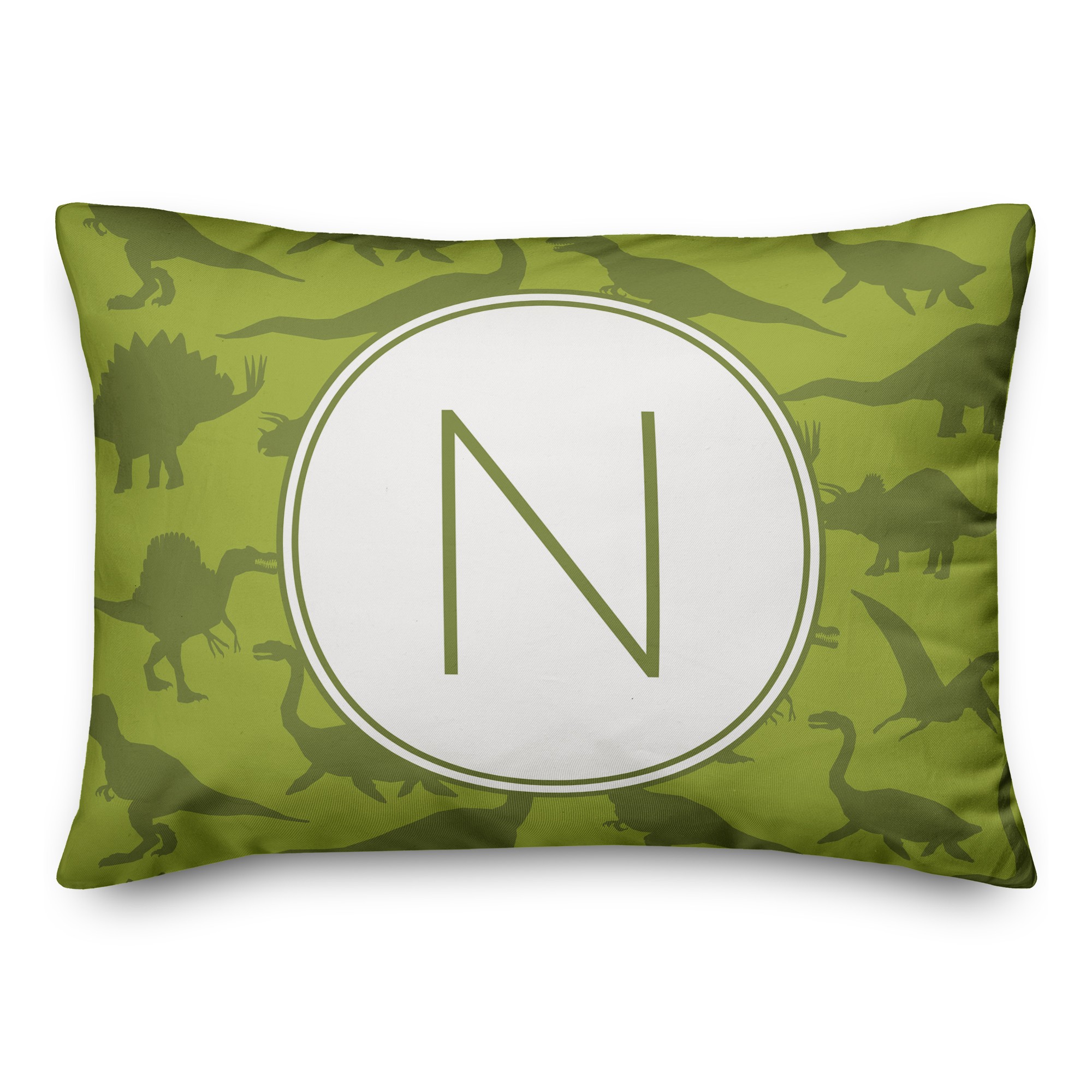 Dinosaur Pattern on Green and Lime Initial 14x20 Personalized Spun Poly Pillow