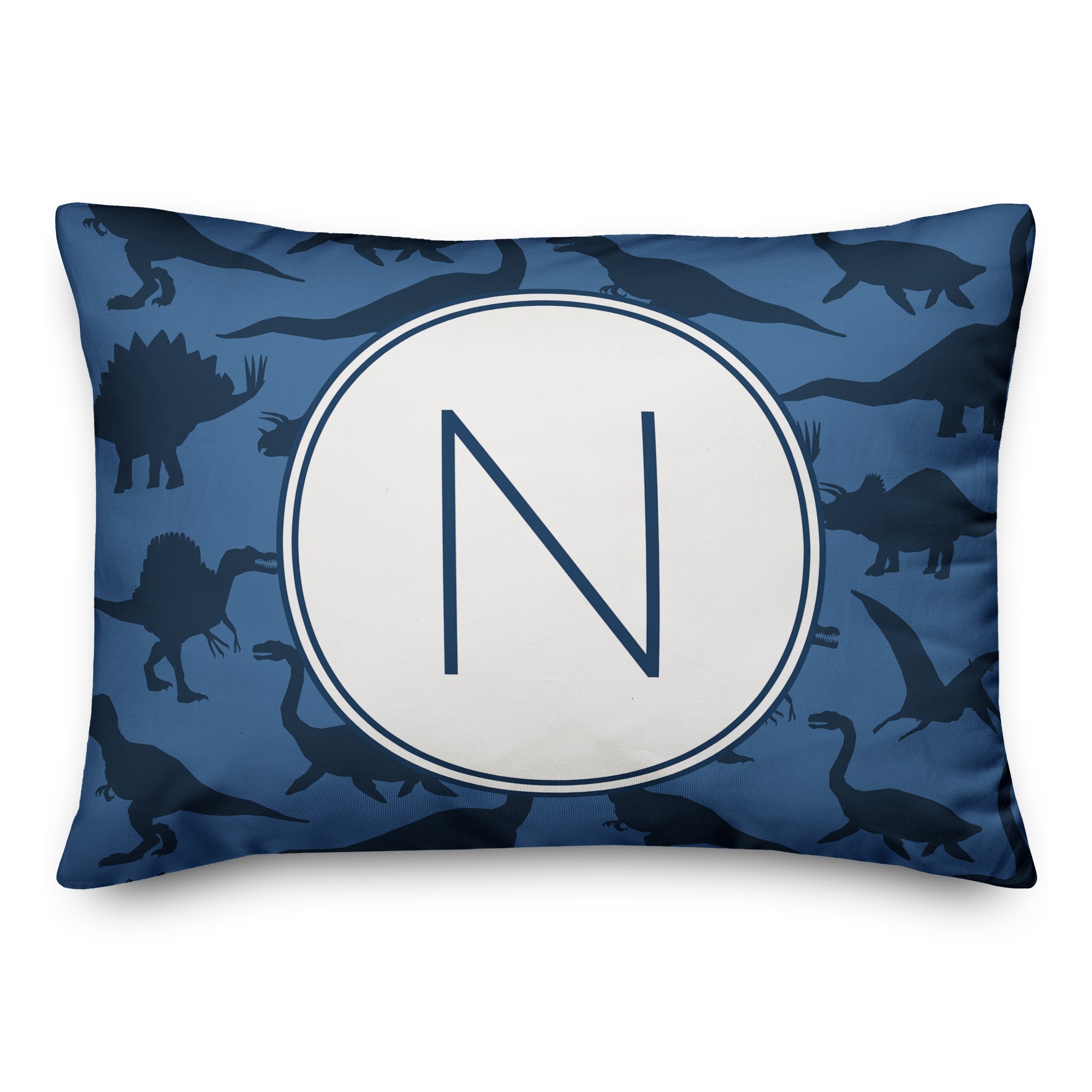 Dinosaur Pattern on Navy and Blue Initial 14x20 Personalized Spun Poly Pillow