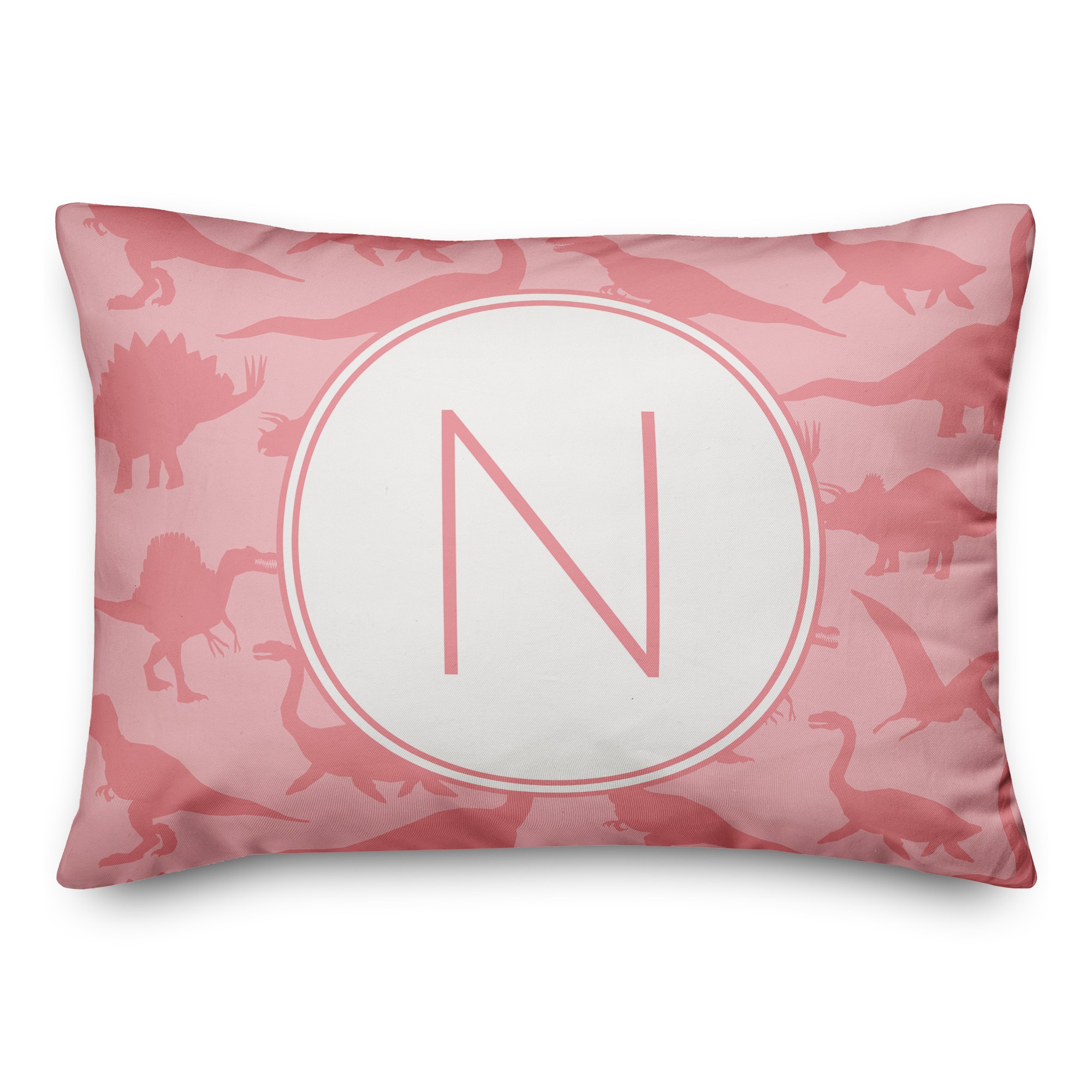 Dinosaur Pattern on Pink and Pink Initial 14x20 Personalized Spun Poly Pillow