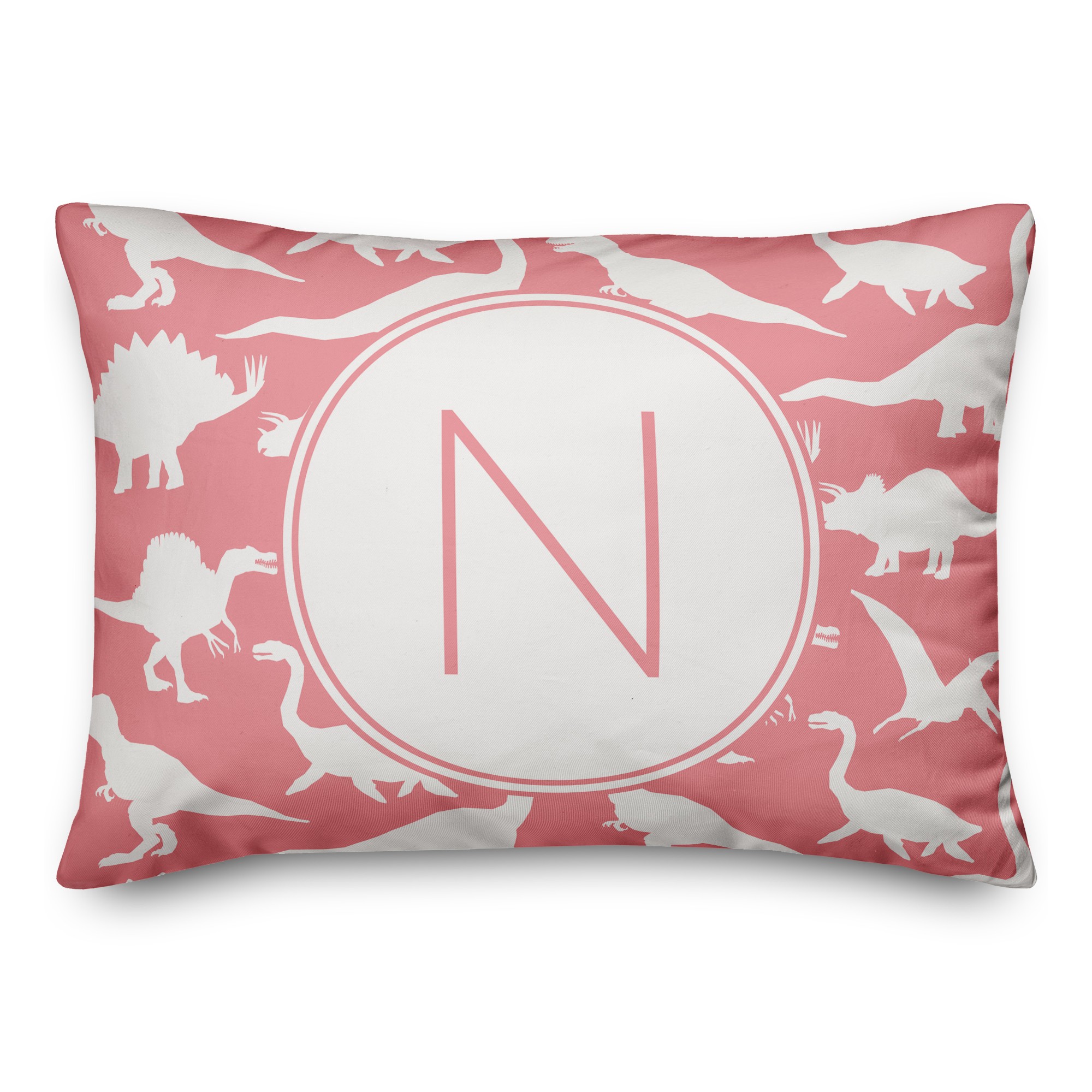 Dinosaur Pattern on Pink and White Initial 14x20 Personalized Spun Poly Pillow