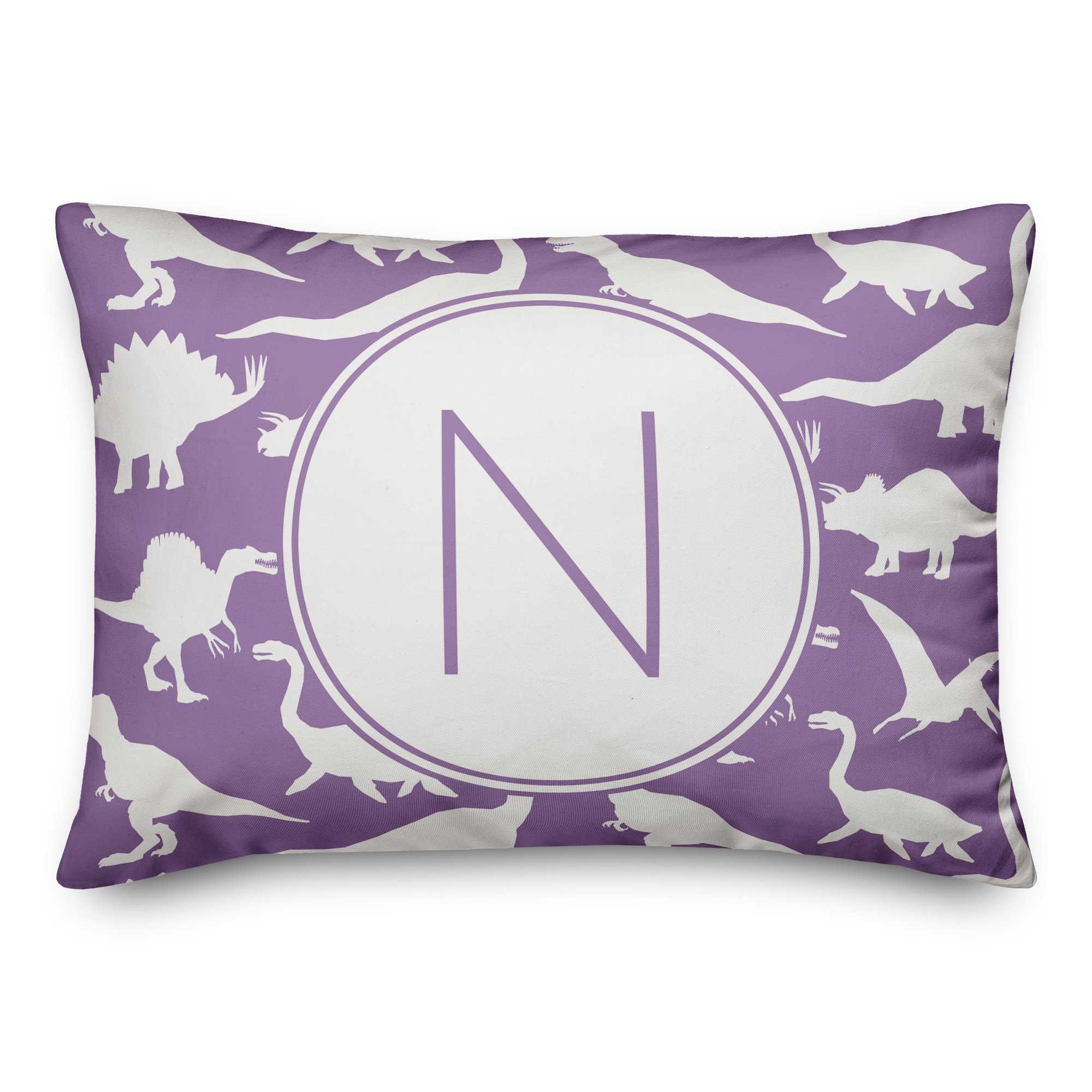 Dinosaur Pattern on Purple and White Initial 14x20 Personalized Spun Poly Pillow