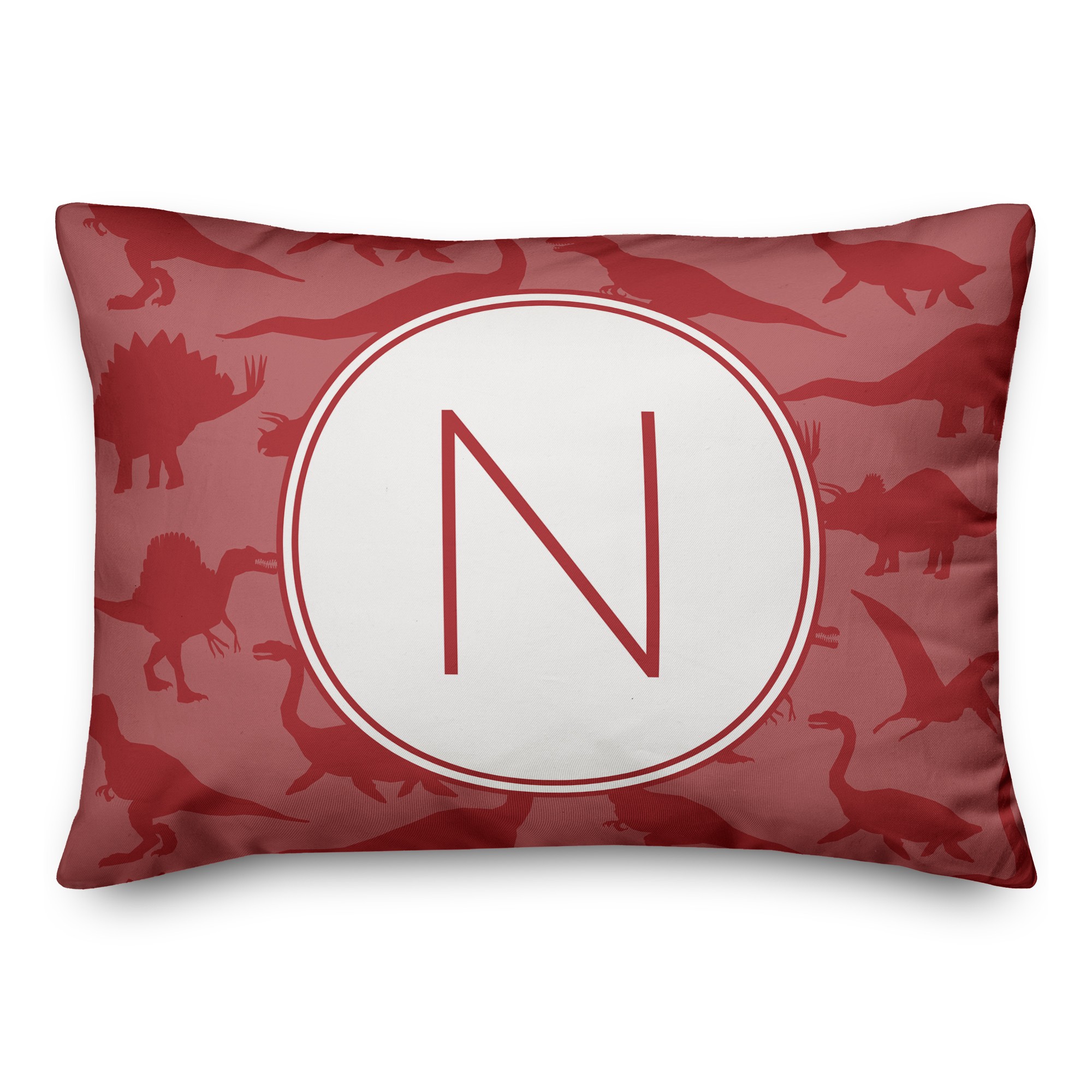Dinosaur Pattern on Red and Red Initial 14x20 Personalized Spun Poly Pillow