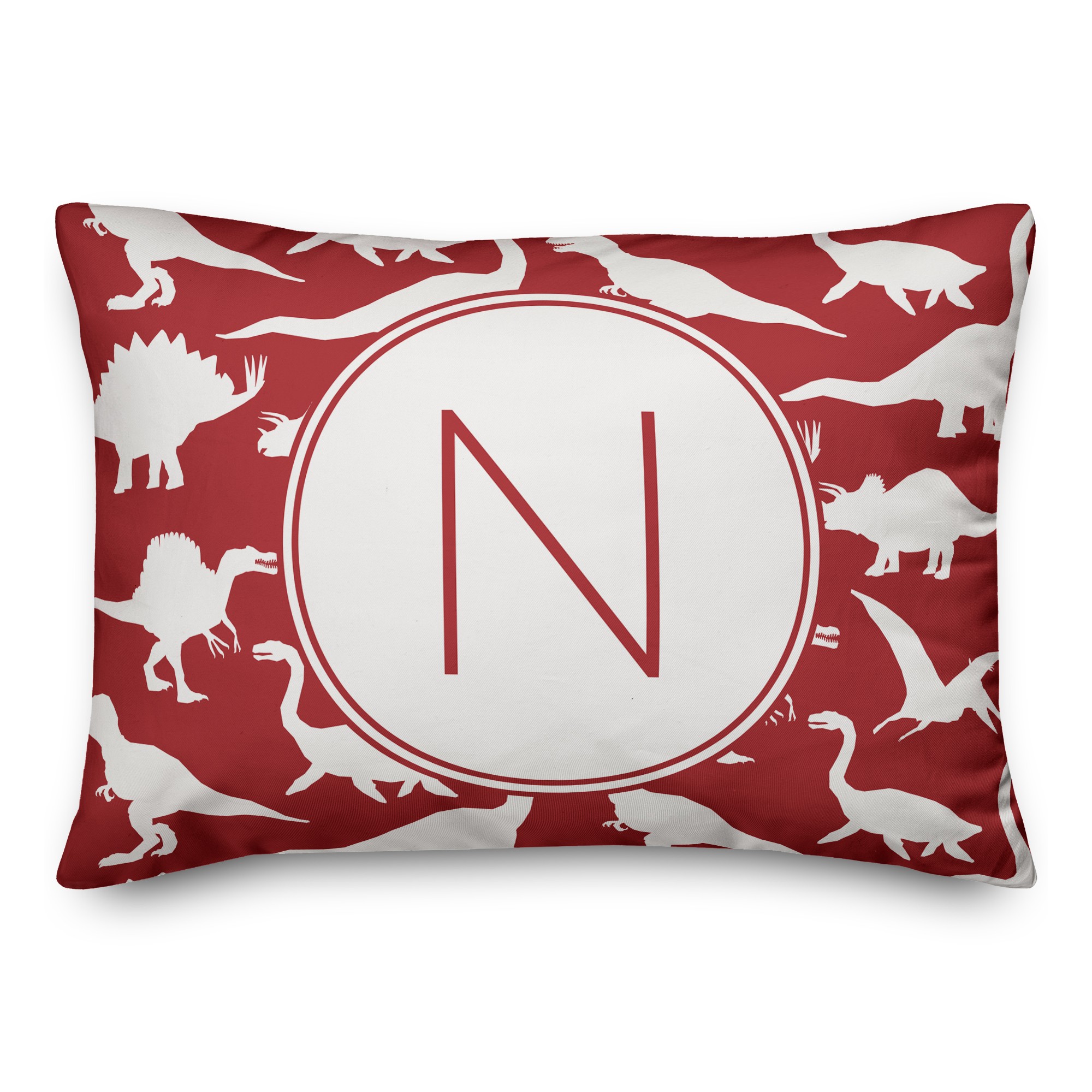 Dinosaur Pattern on Red and White Initial 14x20 Personalized Spun Poly Pillow