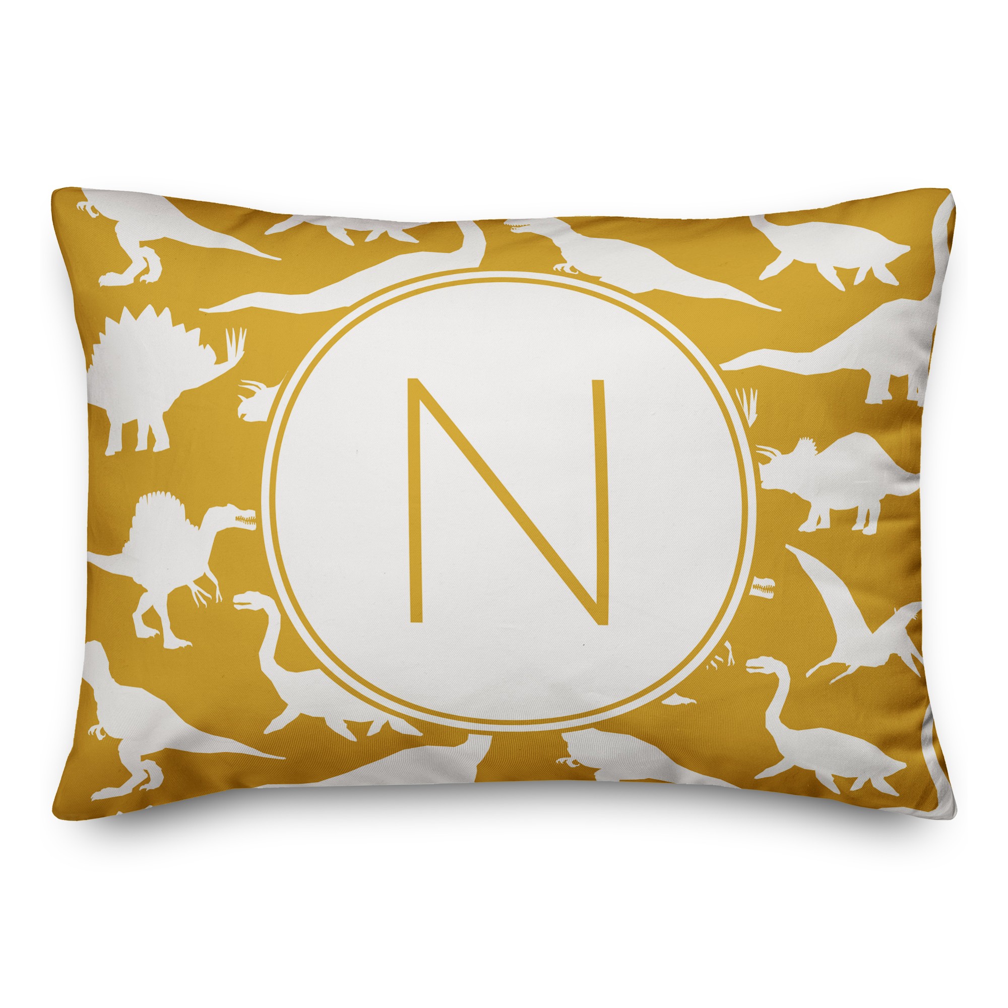 Dinosaur Pattern on Yellow and White Initial 14x20 Personalized Spun Poly Pillow
