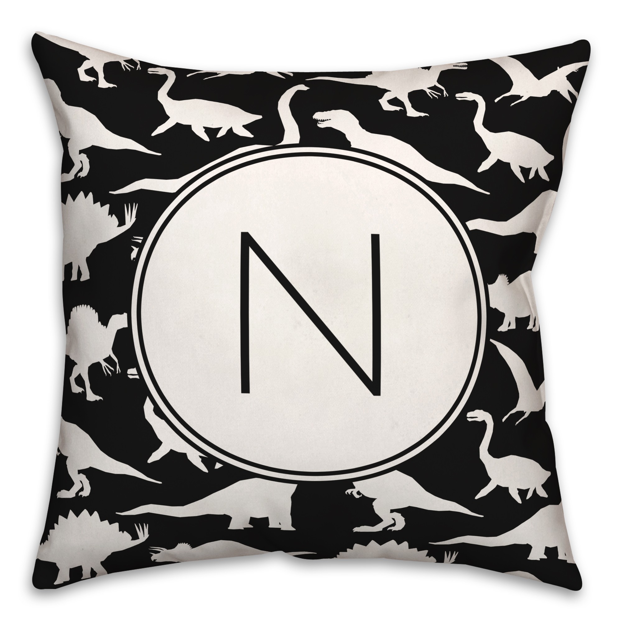 Dinosaur Pattern on Black and White Initial 18x18 Personalized Spun Poly Pillow