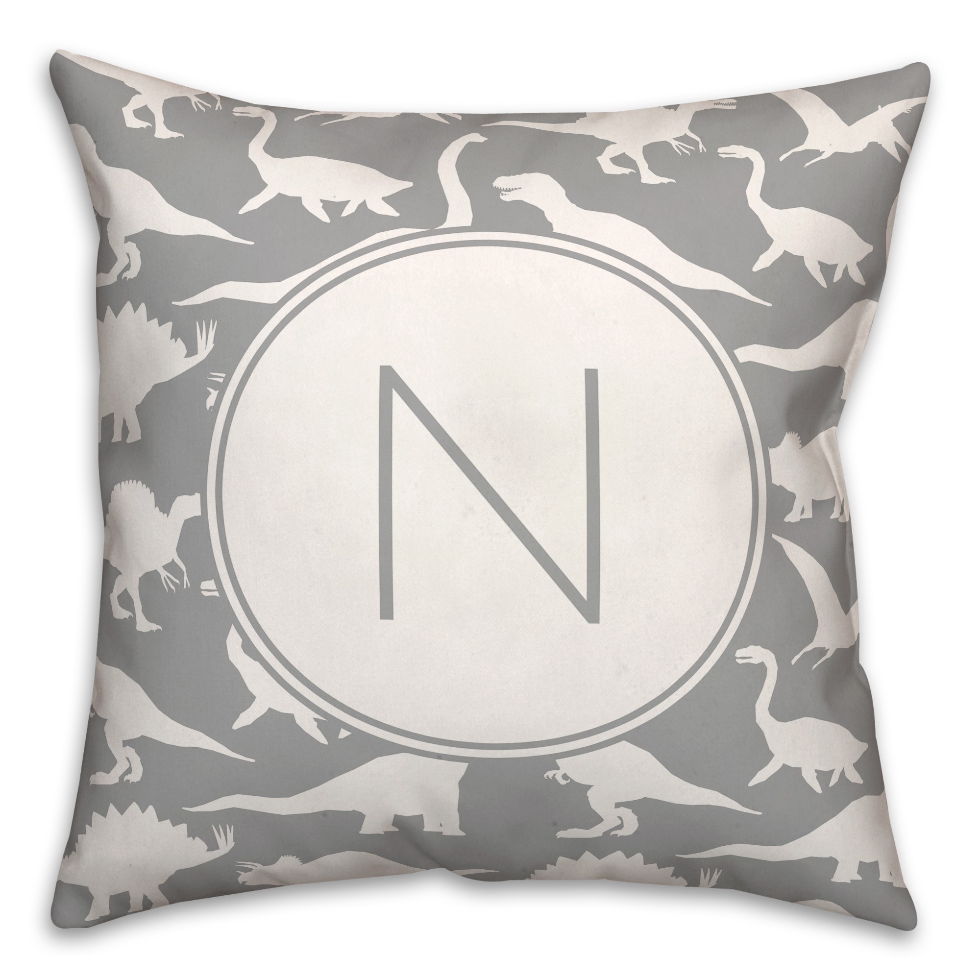 Dinosaur Pattern on Gray and White Initial 18x18 Personalized Spun Poly Pillow