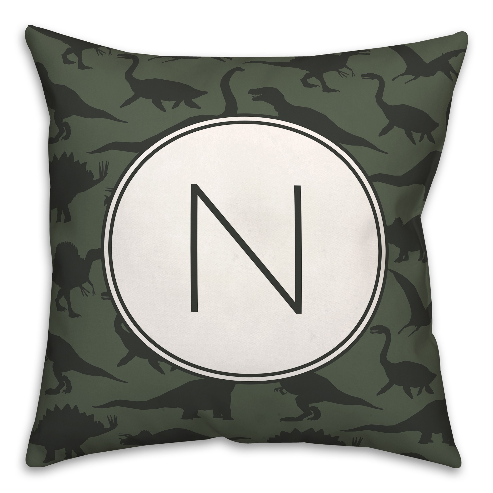 Dinosaur Pattern on Green and Green Initial 18x18 Personalized Spun Poly Pillow