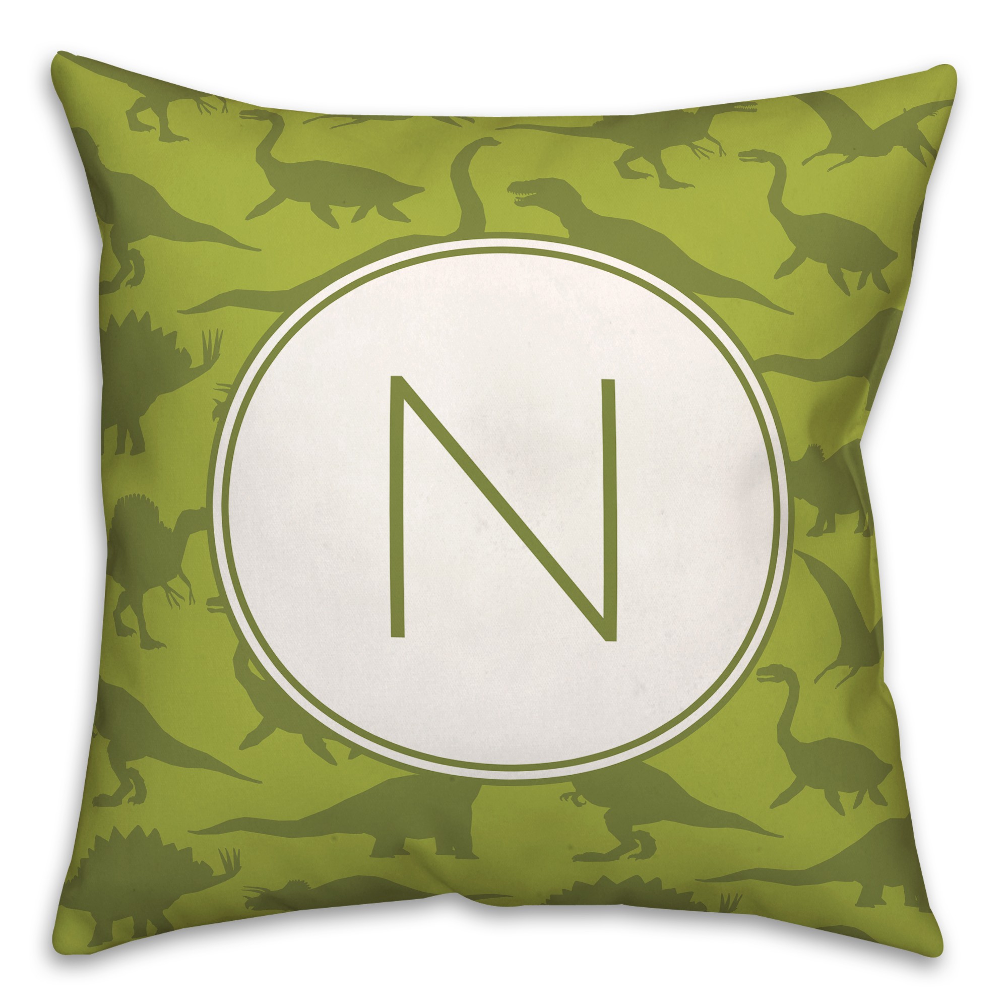 Dinosaur Pattern on Green and Lime Initial 18x18 Personalized Spun Poly Pillow