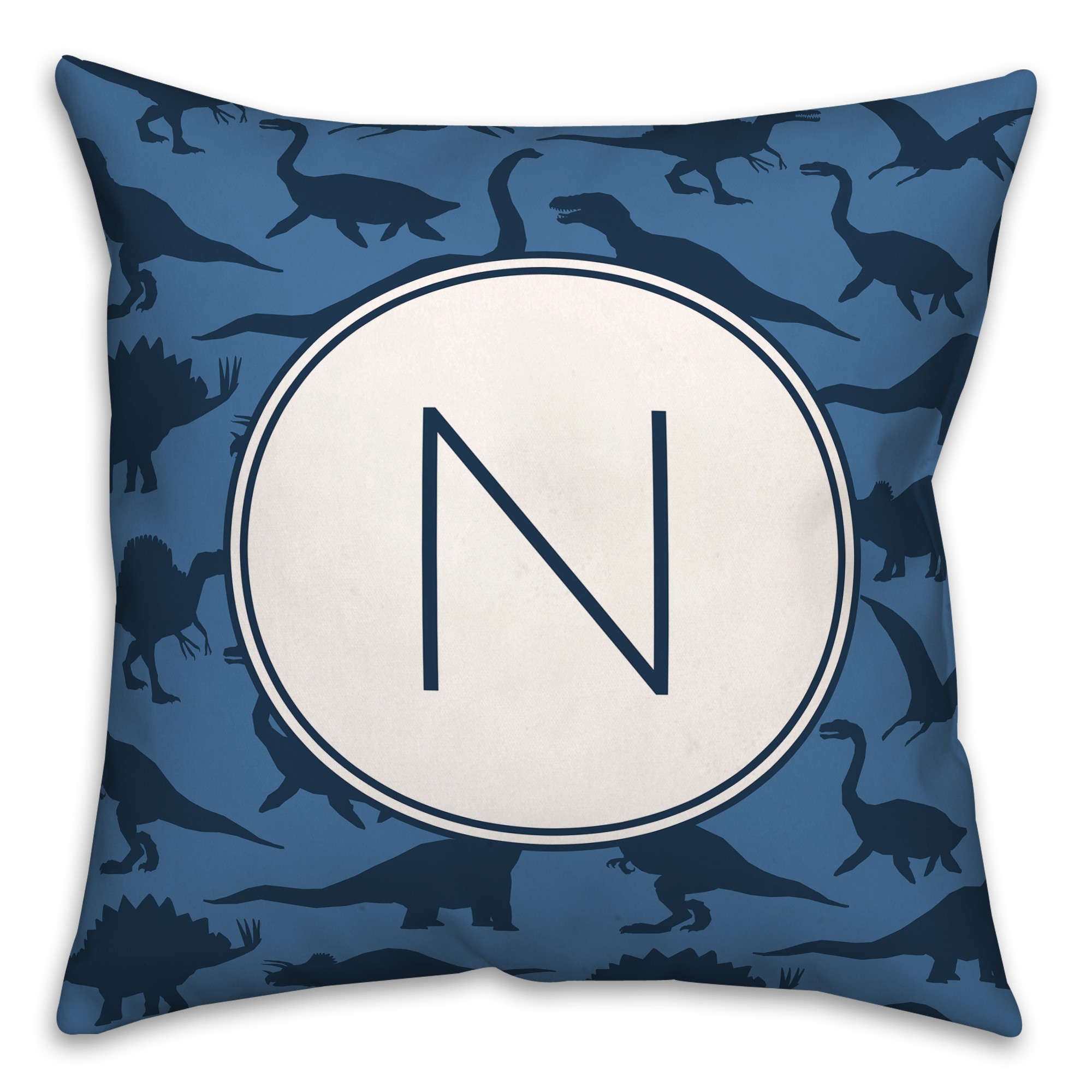 Dinosaur Pattern on Navy and Blue Initial 18x18 Personalized Spun Poly Pillow