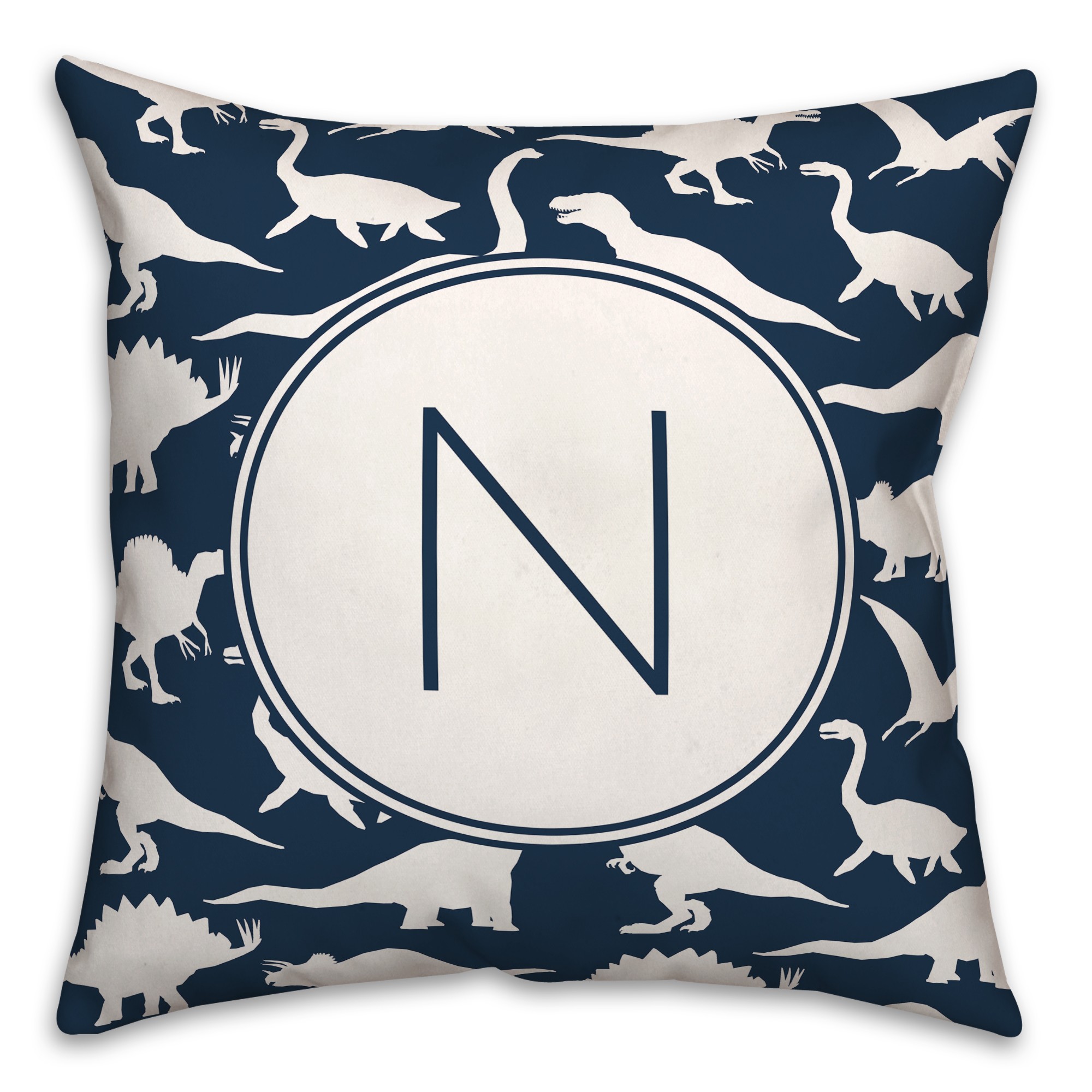 Dinosaur Pattern on Navy and White Initial 18x18 Personalized Spun Poly Pillow