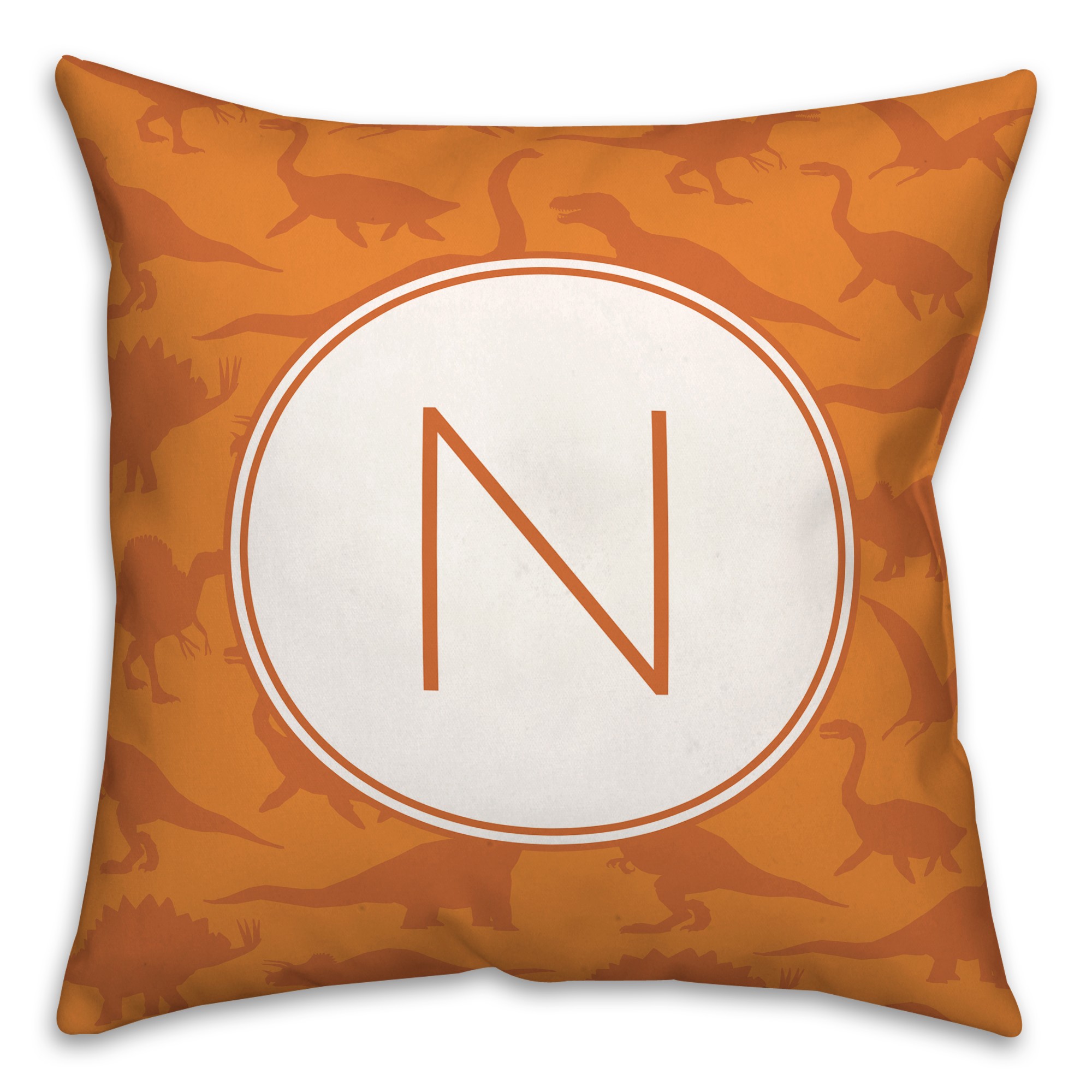 Dinosaur Pattern on Orange and Orange Initial 18x18 Personalized Spun Poly Pillow