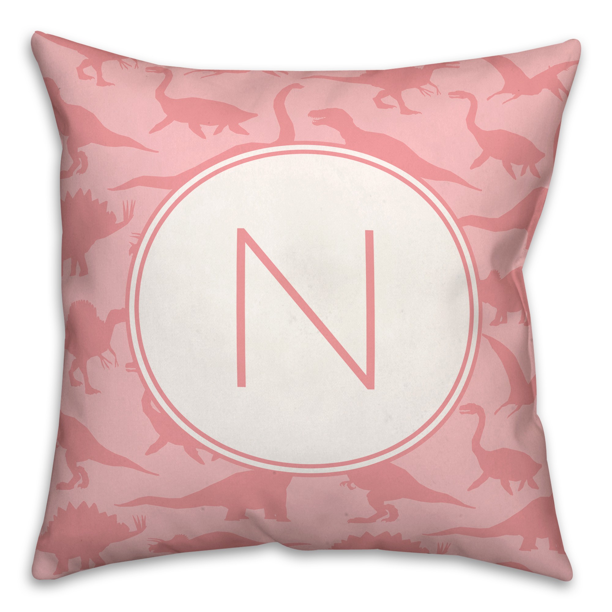 Dinosaur Pattern on Pink and Pink Initial 18x18 Personalized Spun Poly Pillow