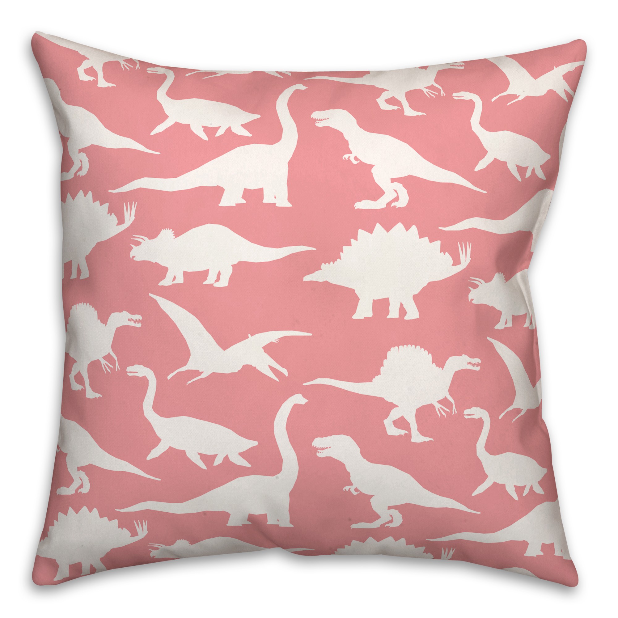 Dinosaur Pattern on Pink and White 18x18 Spun Poly Pillow