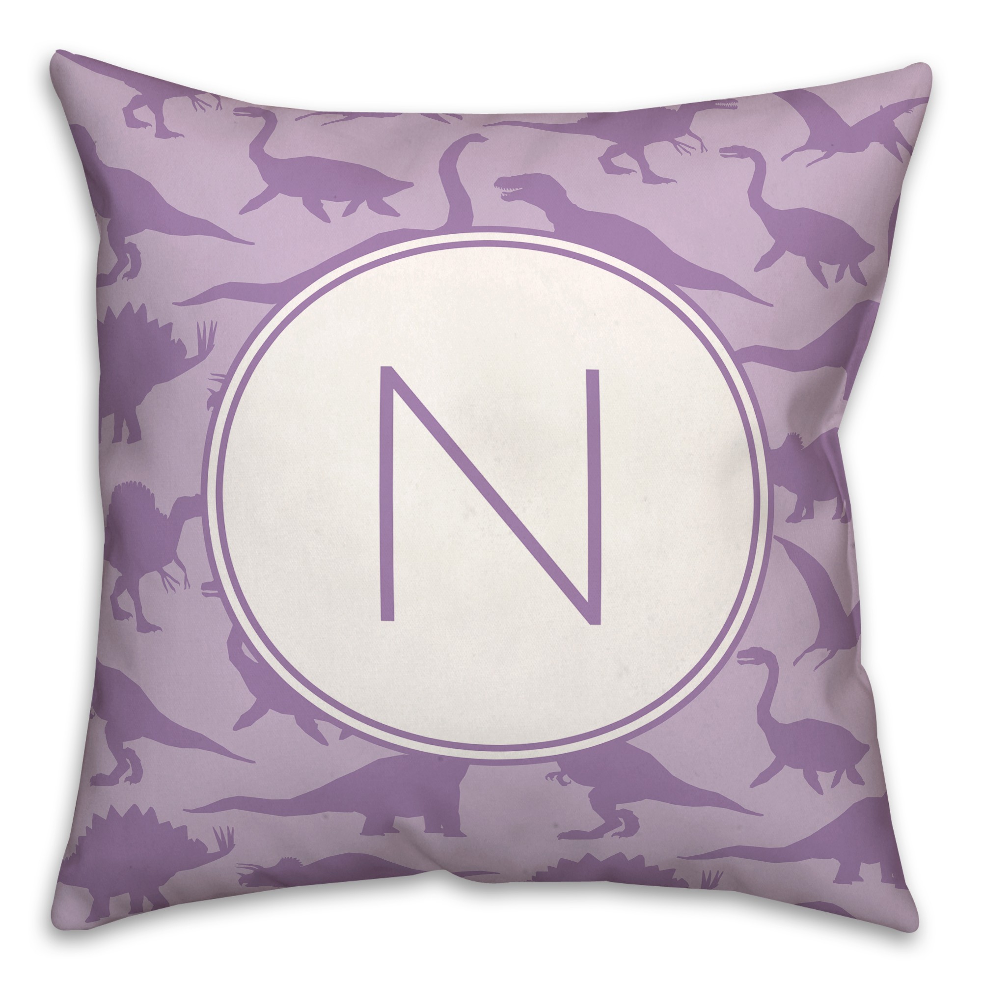 Dinosaur Pattern on Purple and Purple Initial 18x18 Personalized Spun Poly Pillow