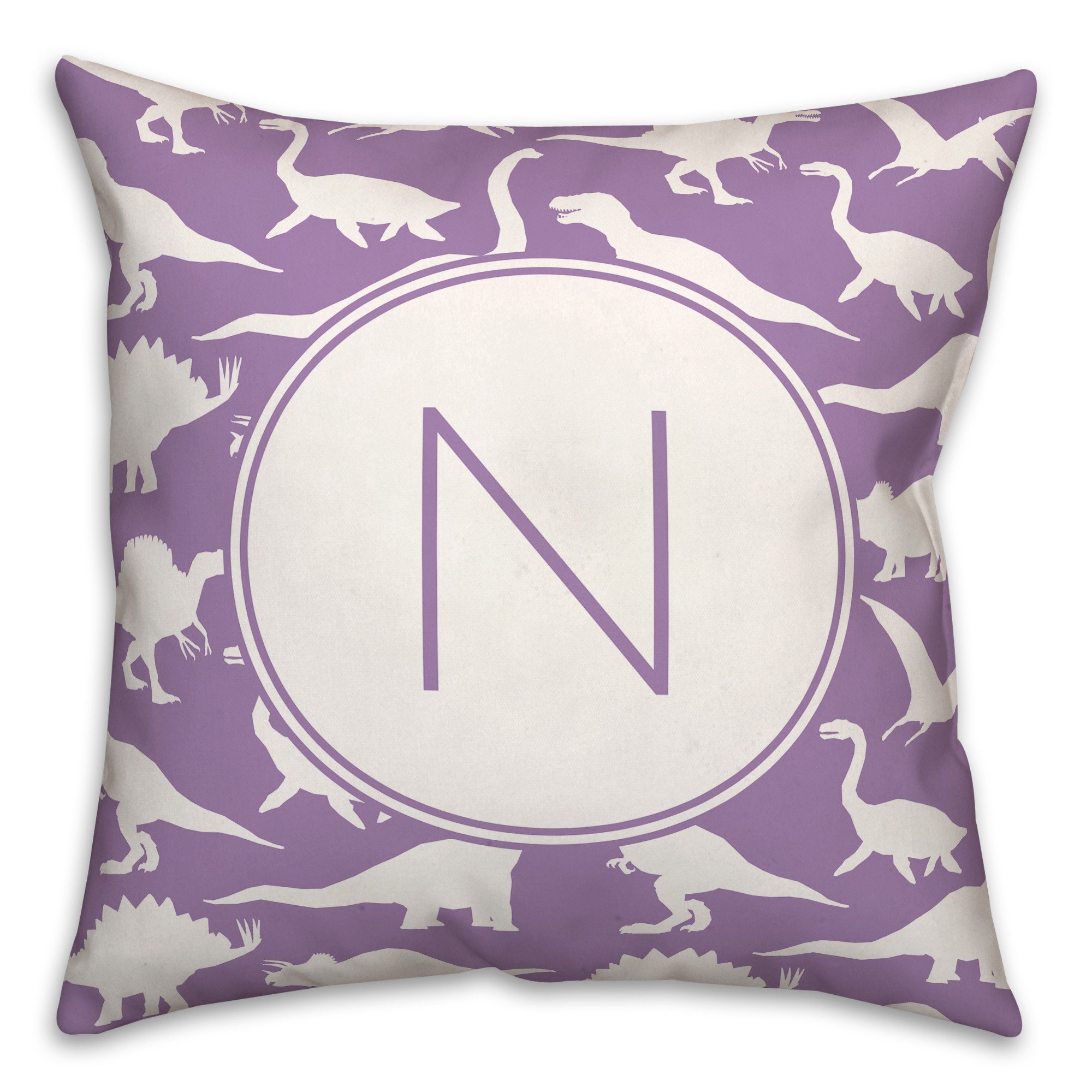 Dinosaur Pattern on Purple and White Initial 18x18 Personalized Spun Poly Pillow