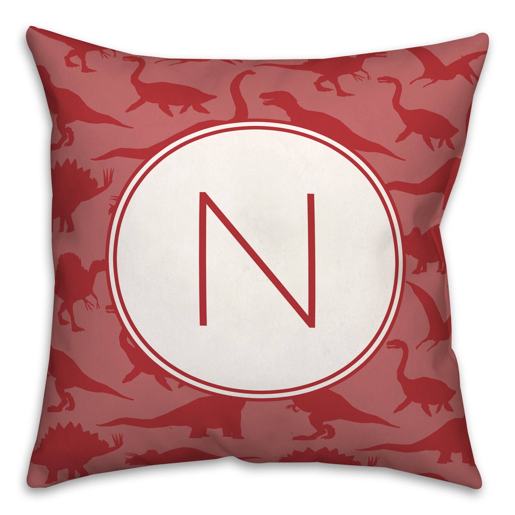 Dinosaur Pattern on Red and Red Initial 18x18 Personalized Spun Poly Pillow