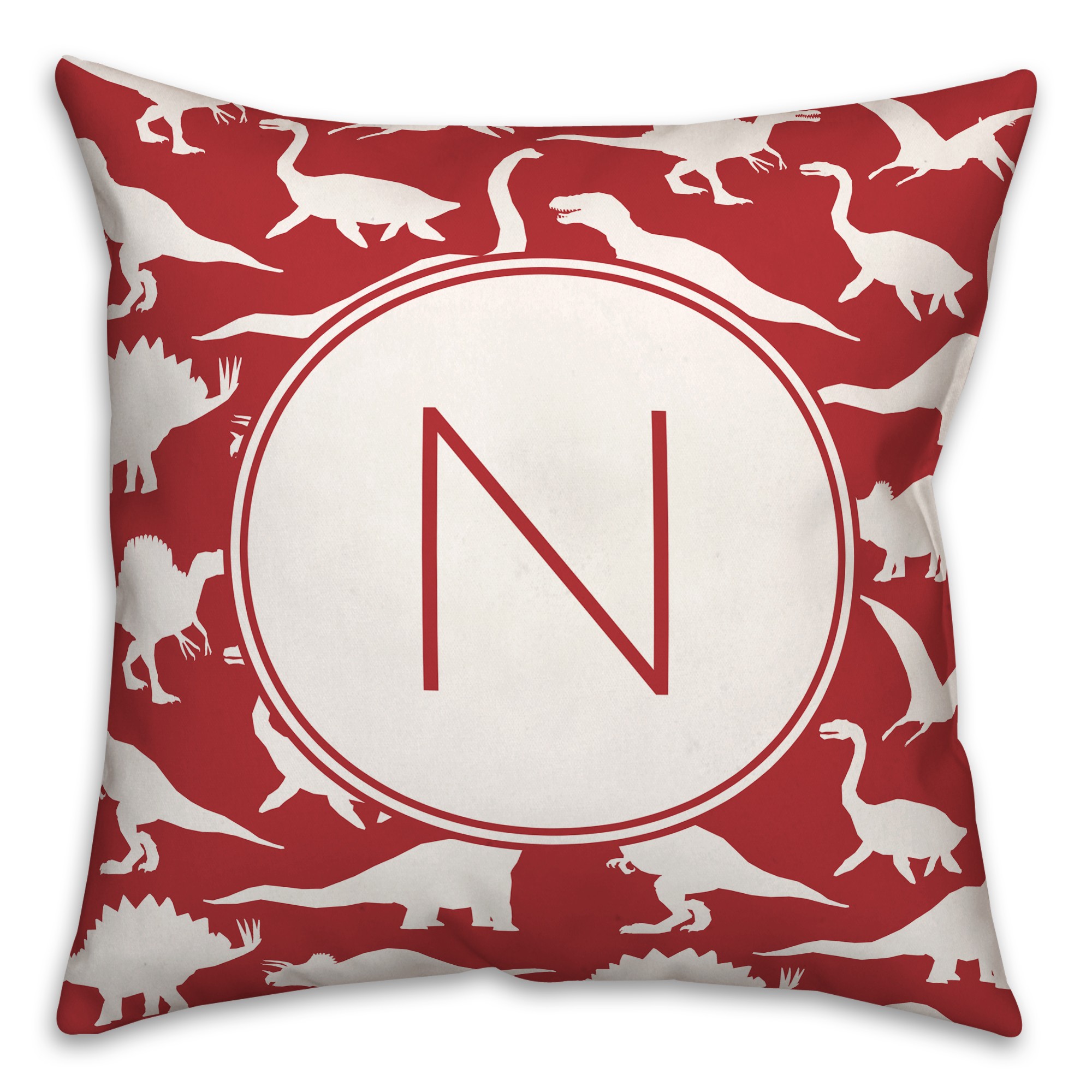 Dinosaur Pattern on Red and White Initial 18x18 Personalized Spun Poly Pillow