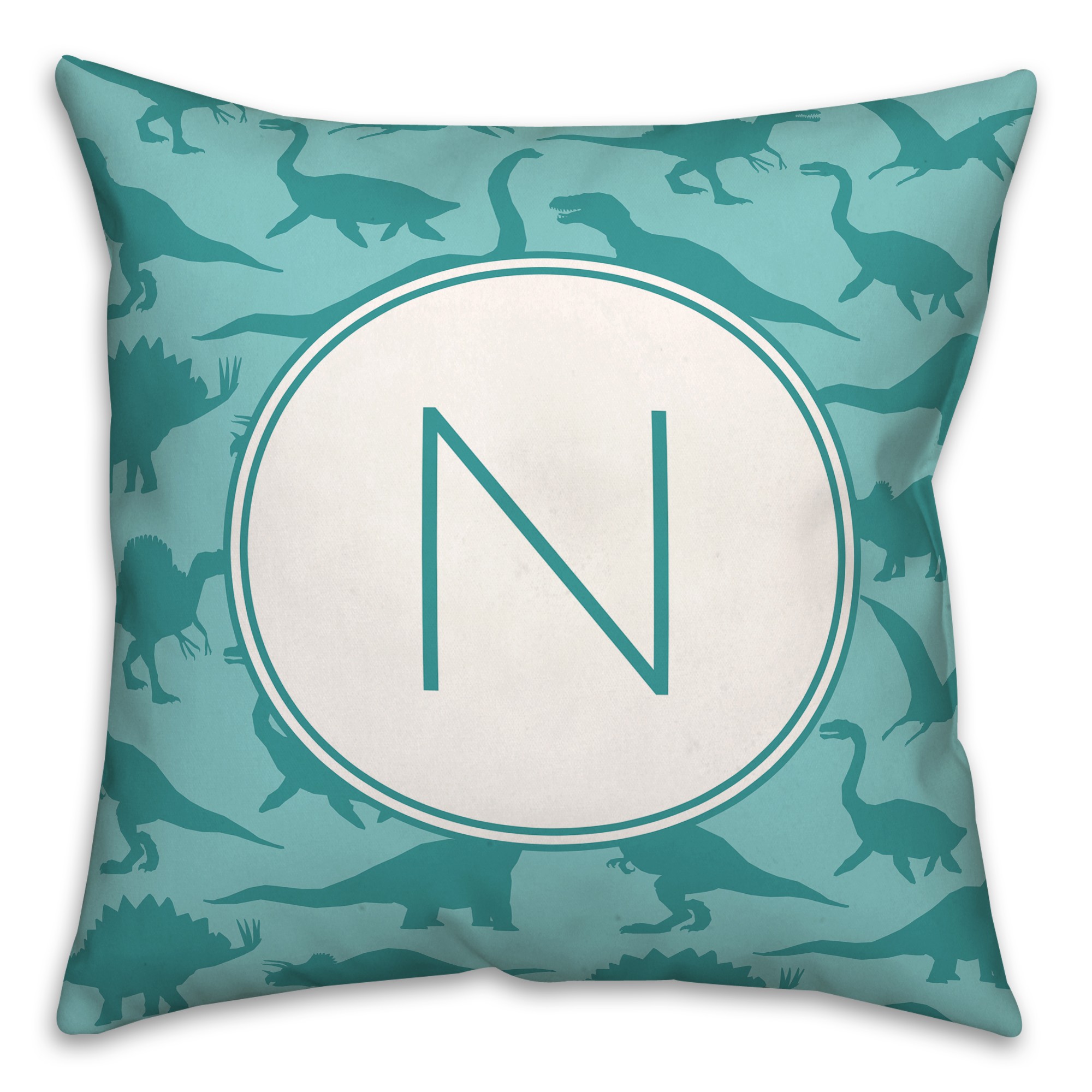 Dinosaur Pattern on Teal and Teal Initial 18x18 Personalized Spun Poly Pillow