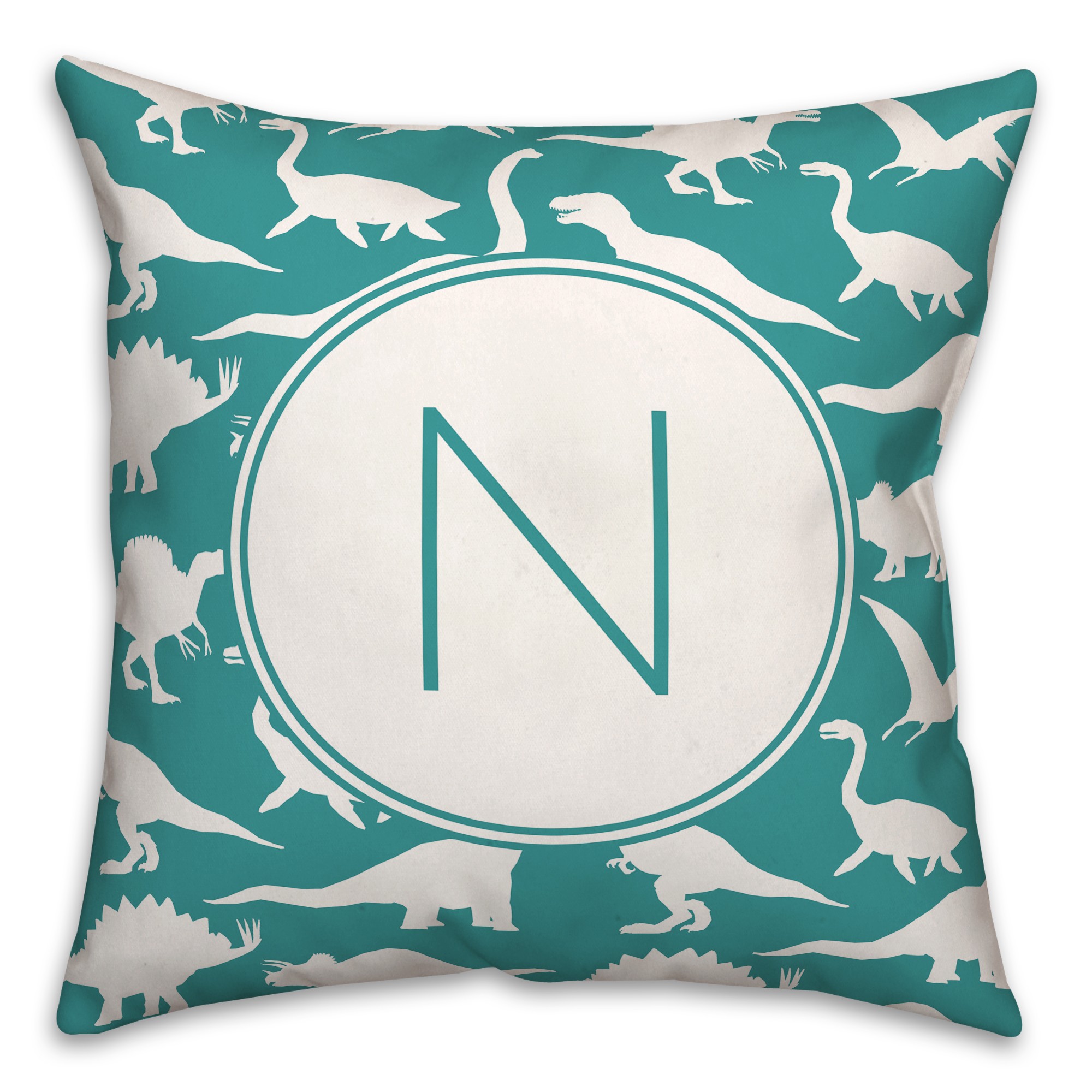 Dinosaur Pattern on Teal and White Initial 18x18 Personalized Spun Poly Pillow