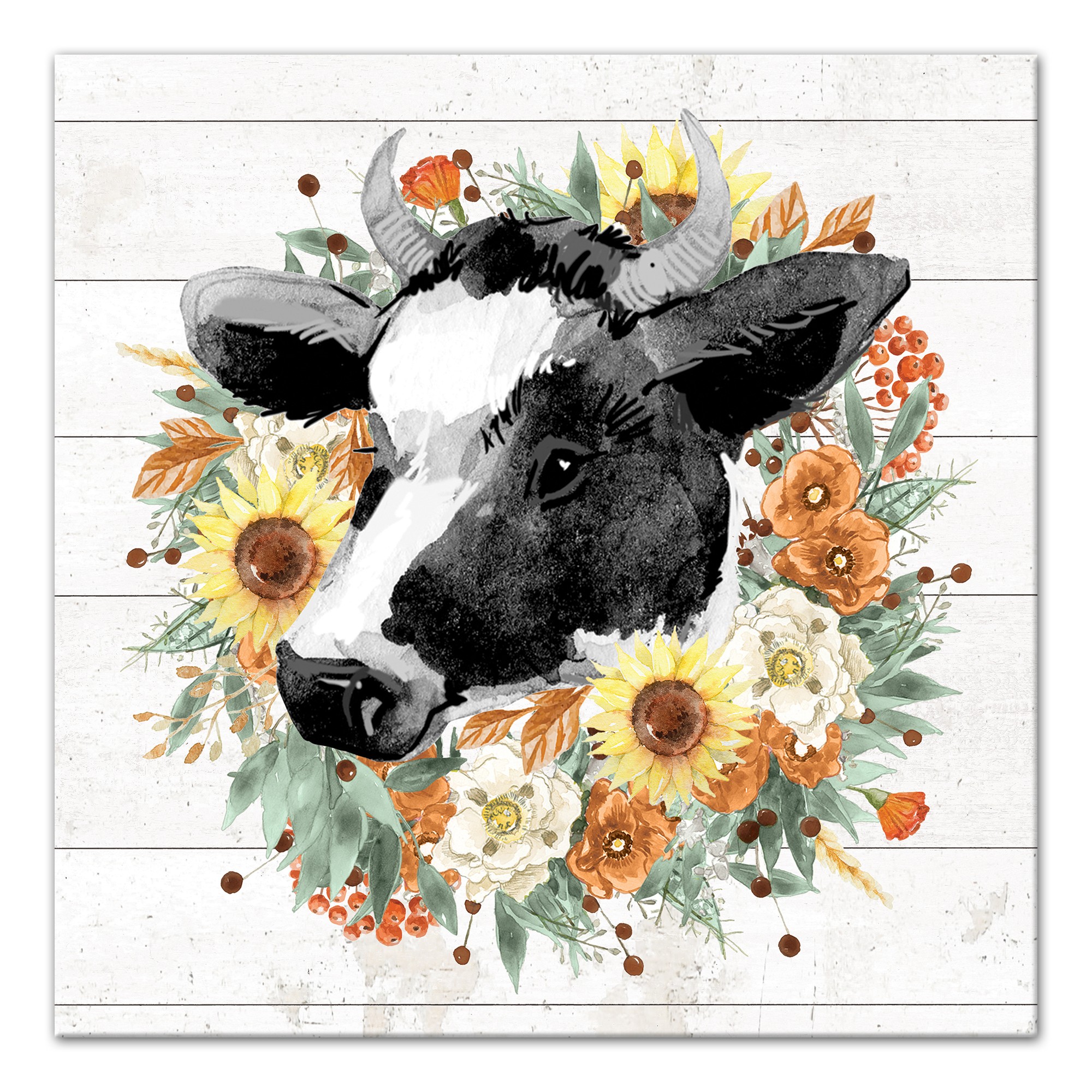 Autumn Wreath Cow 16x16 Canvas Wall Art