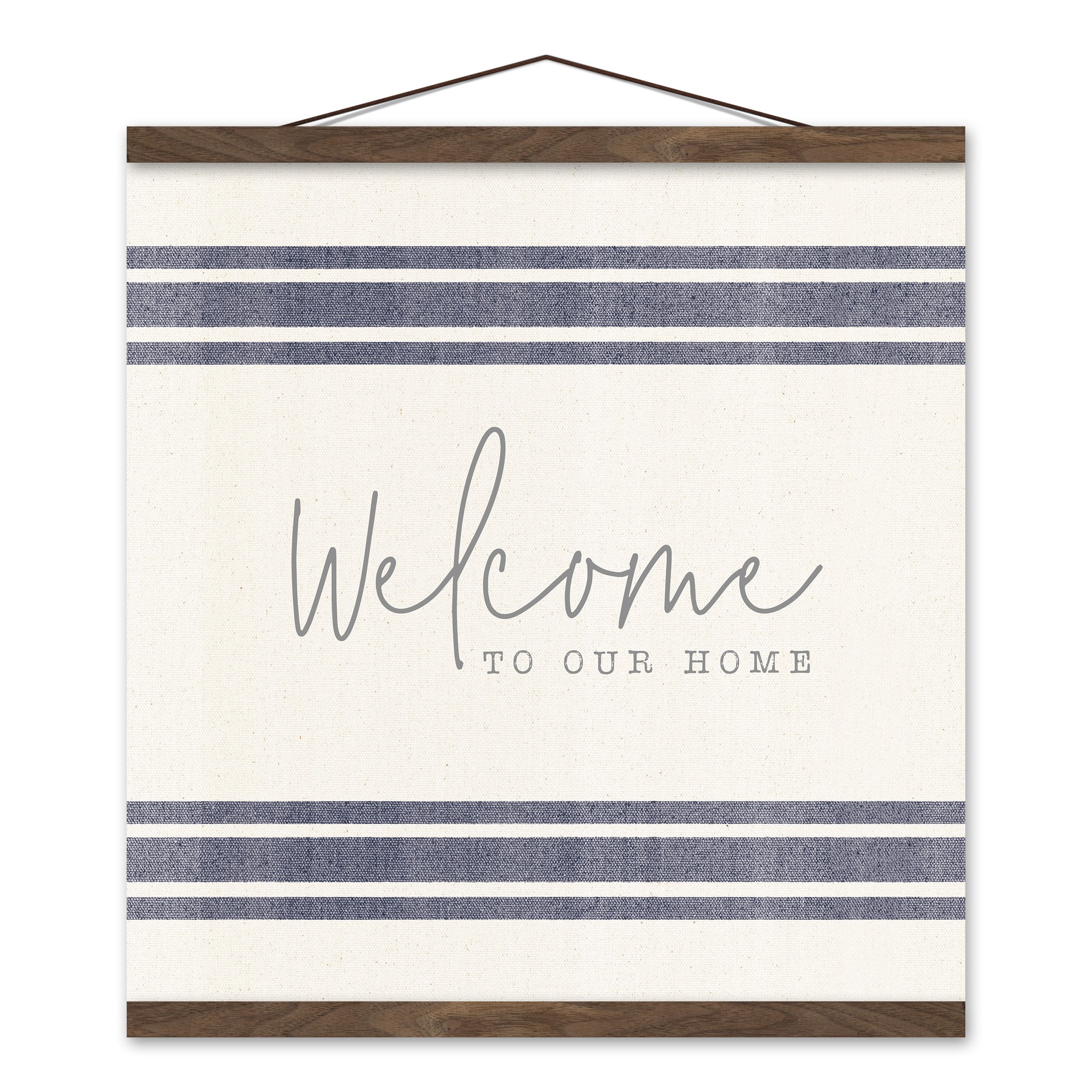 Welcome Linen Stripes 16x16 Teak Hanging Canvas