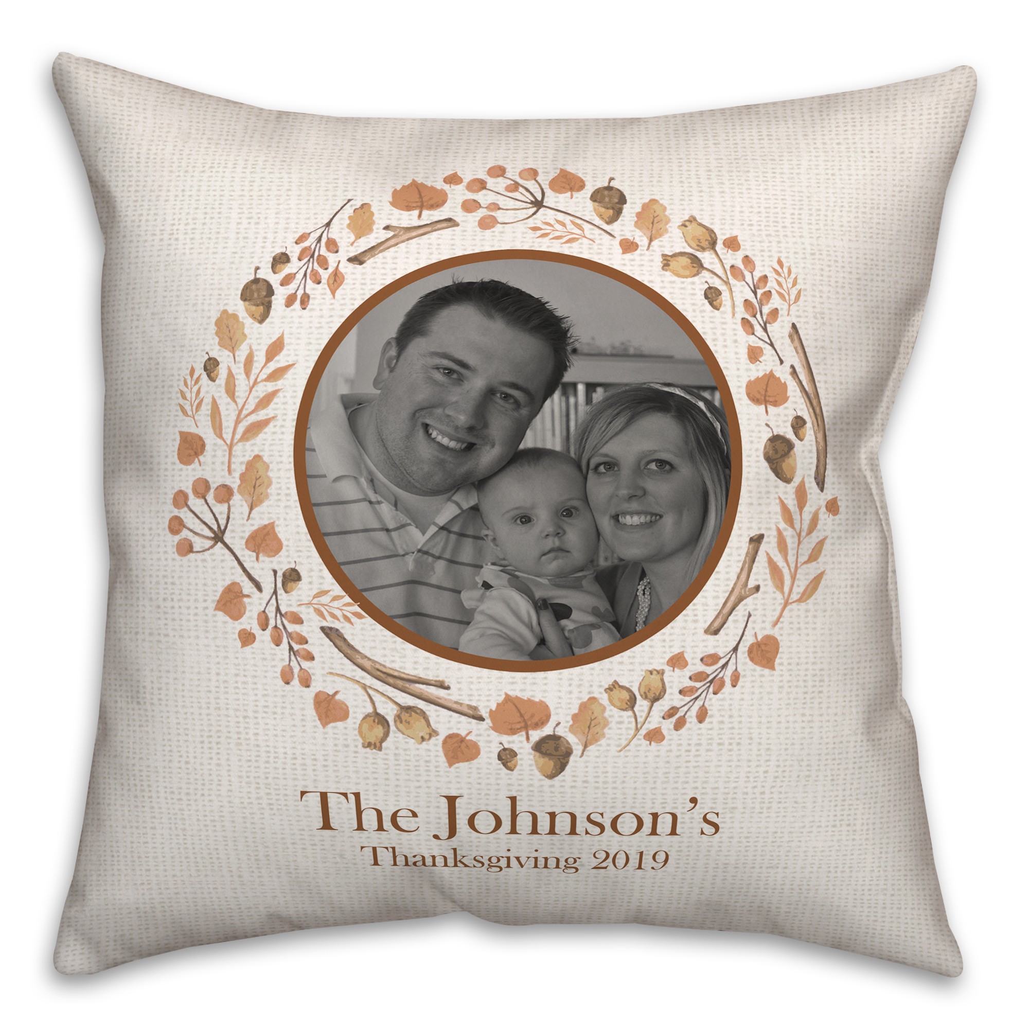 Fall Acorn Wreath Family Name and Photo 18x18 Personalized Spun Poly Pillow