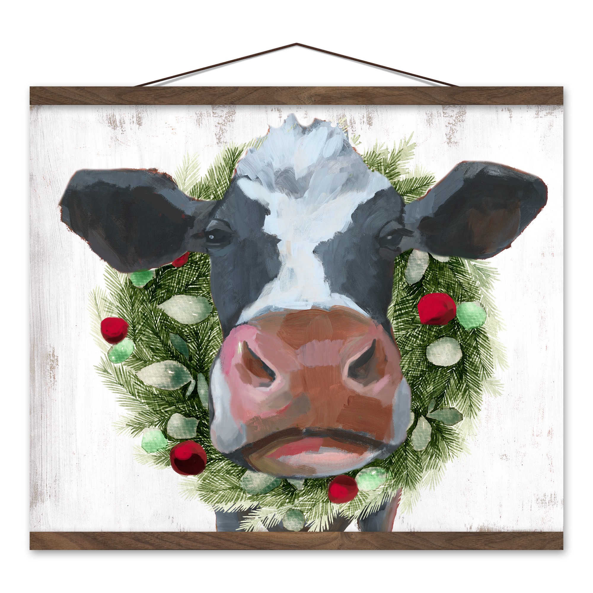 Christmas Cow Wreath 20x16 Teak Hanging Canvas