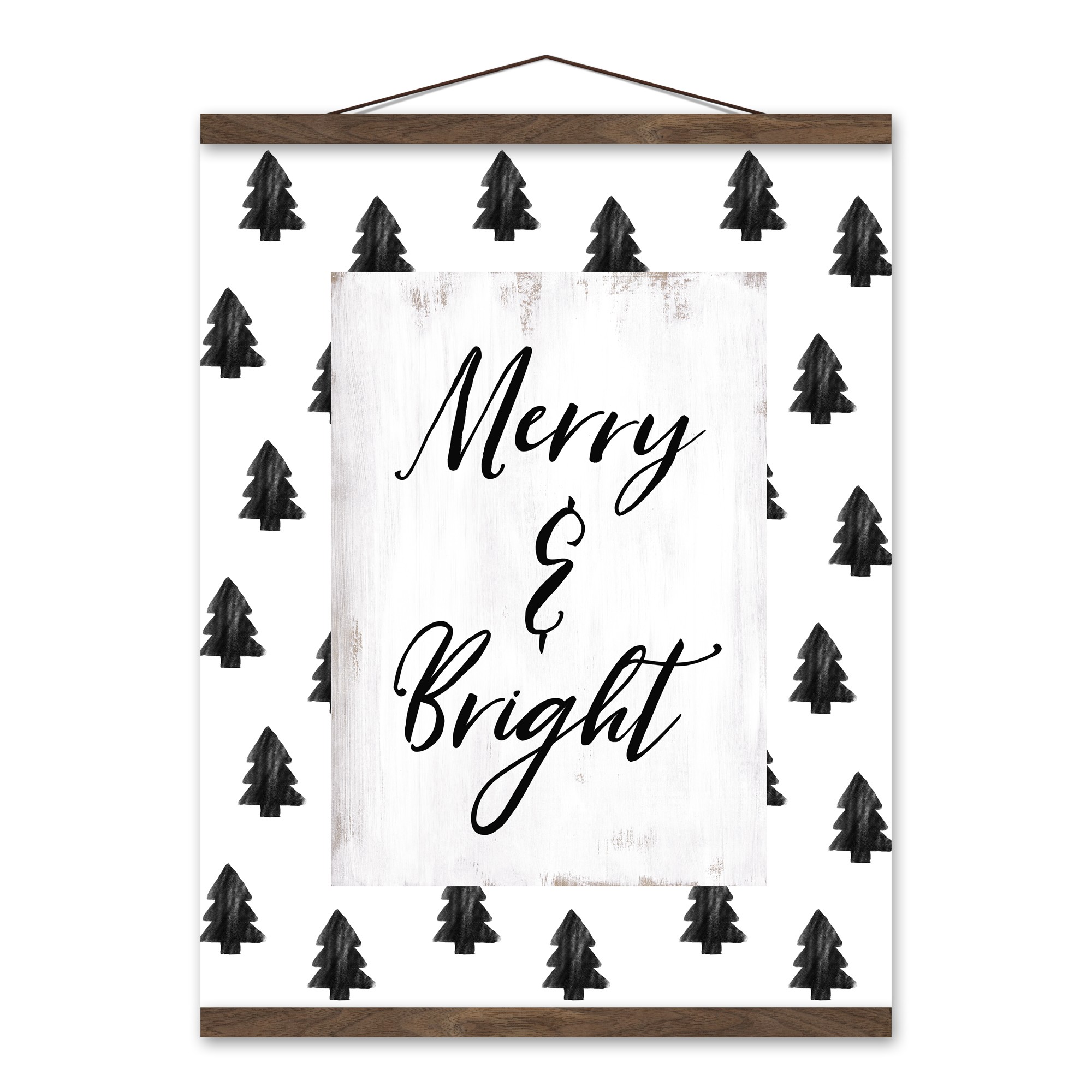 Merry Bright Black White 16x20 Teak Hanging Canvas