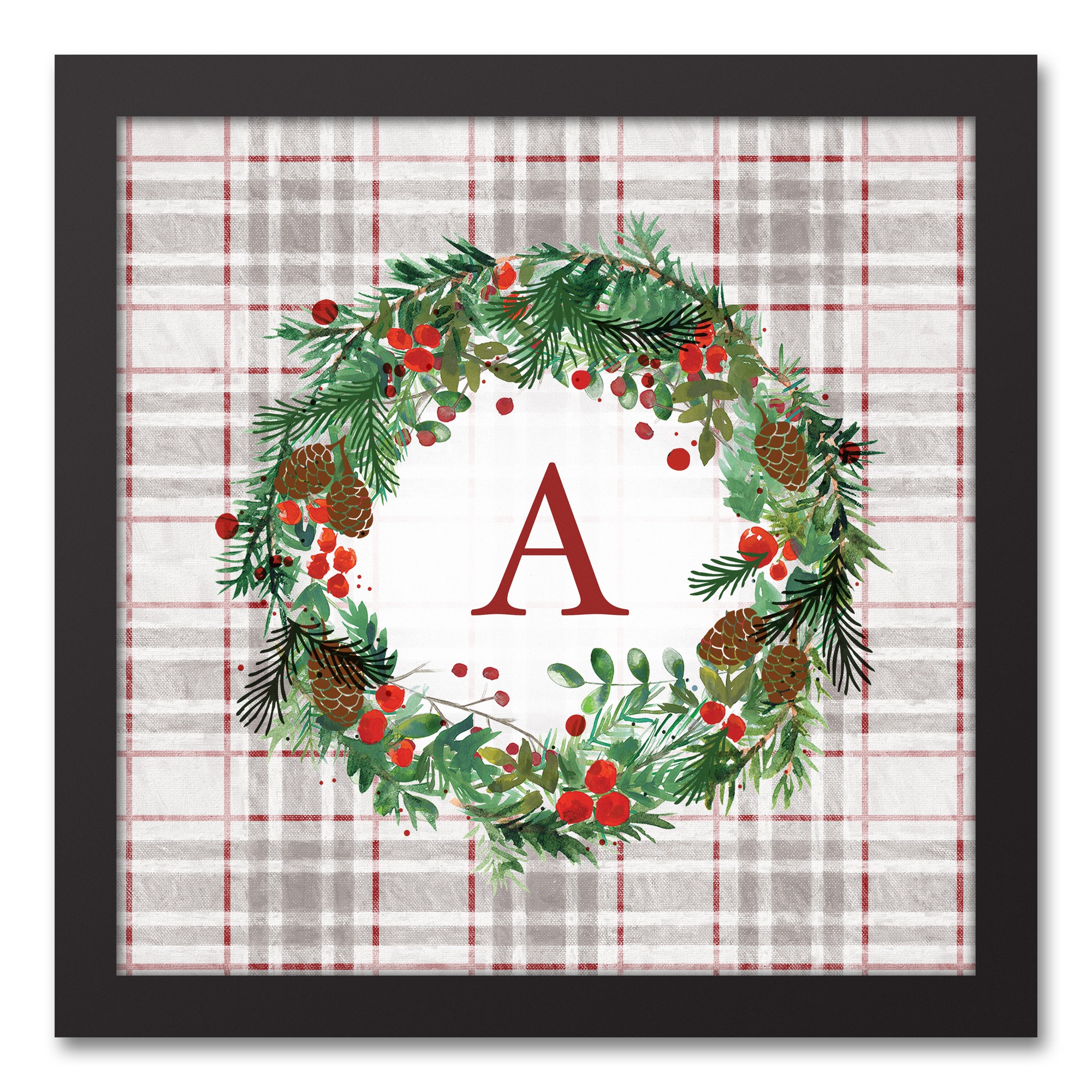 Holiday Gray Plaid Monogram Wreath A 12x12 Black Framed Canvas