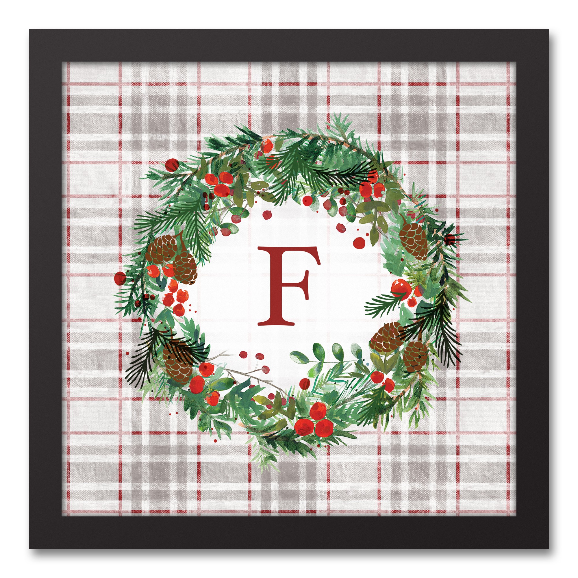Holiday Gray Plaid Monogram Wreath F 12x12 Black Framed Canvas