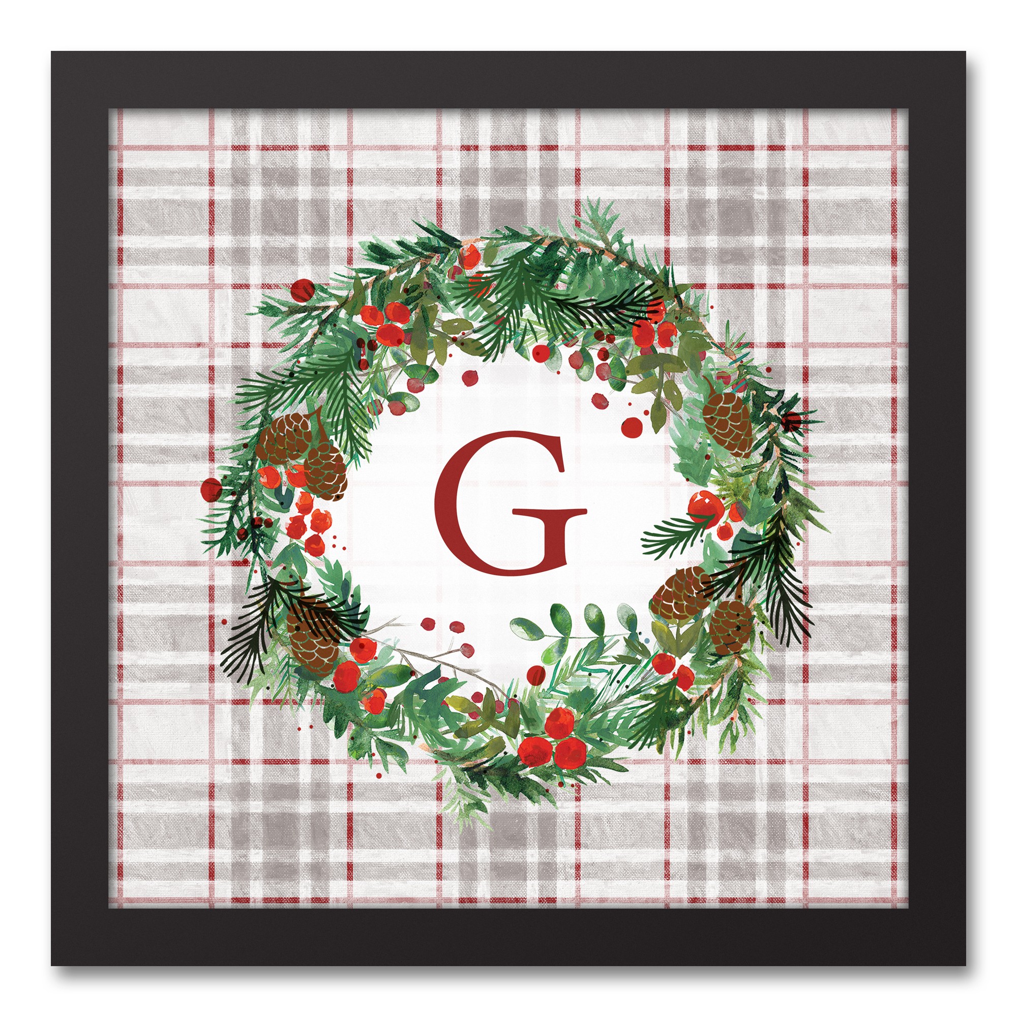 Holiday Gray Plaid Monogram Wreath G 12x12 Black Framed Canvas